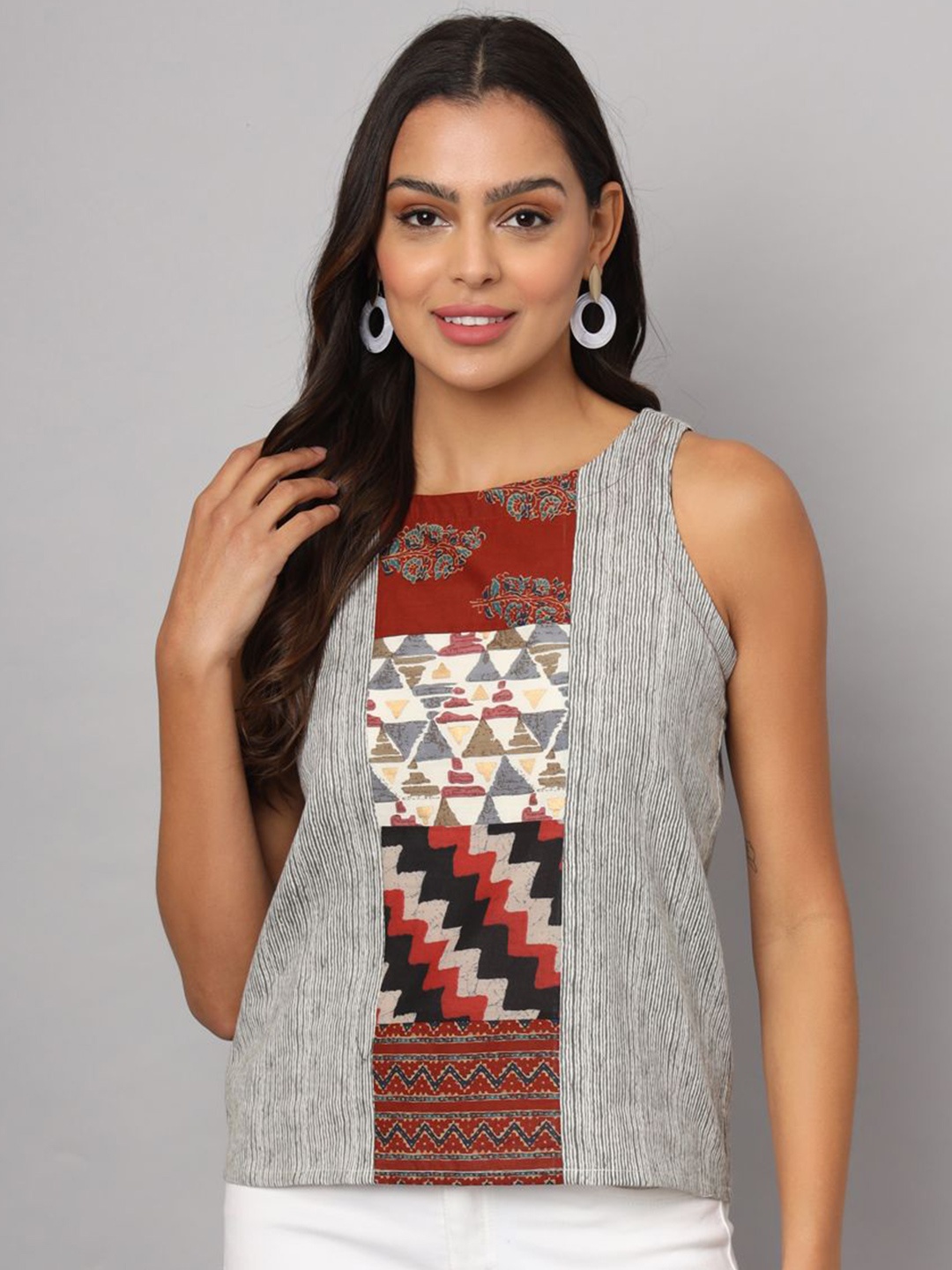 

JAPER KURTI Striped Cotton Top, Grey