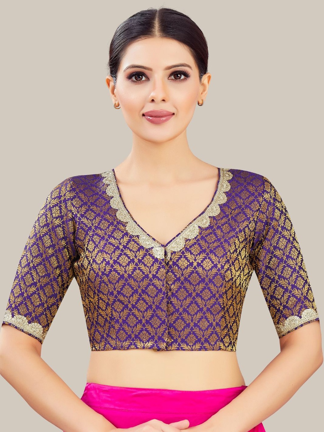 

Studio Shringaar Embroidered V-Neck Readymade Saree Blouse, Purple
