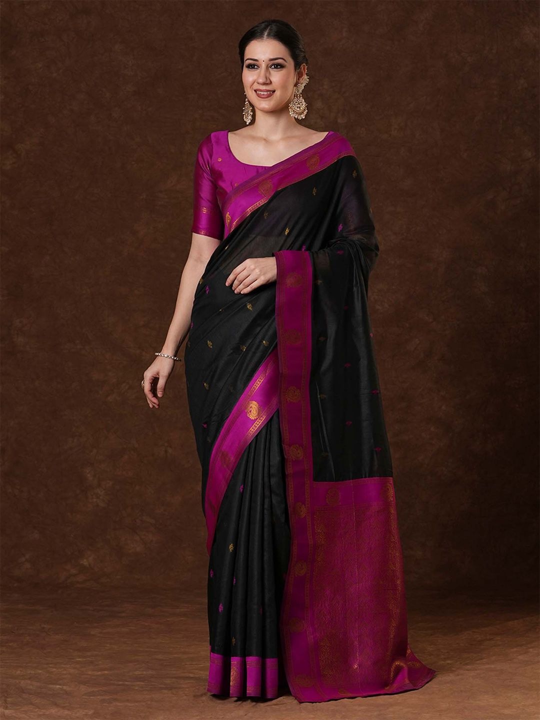 

Saree mall Ethnic Motifs Zari Maheshwari Sarees, Black