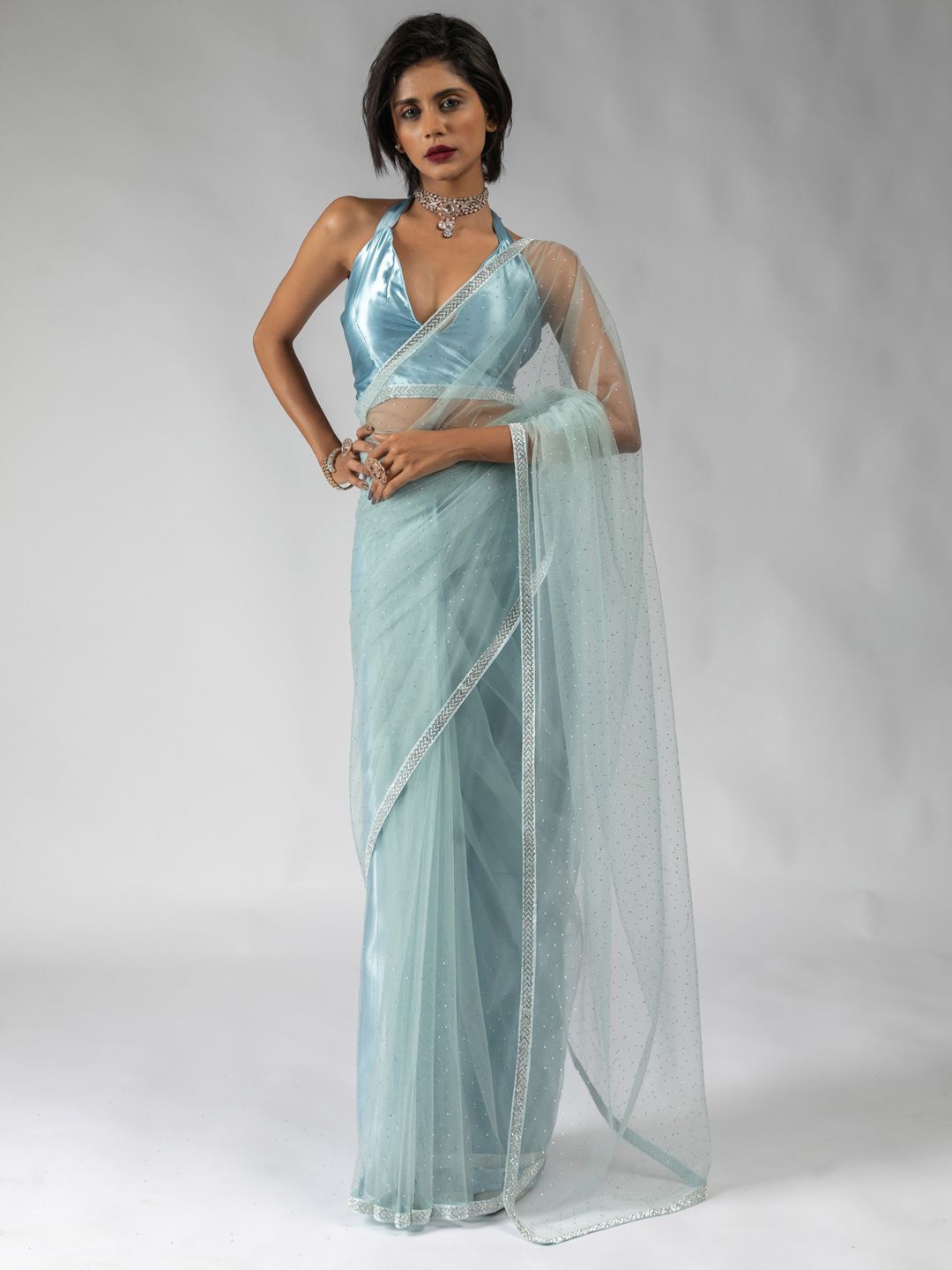 

Saree mall Embellished Beads and Stones Net Ready to Wear Sarees, Blue