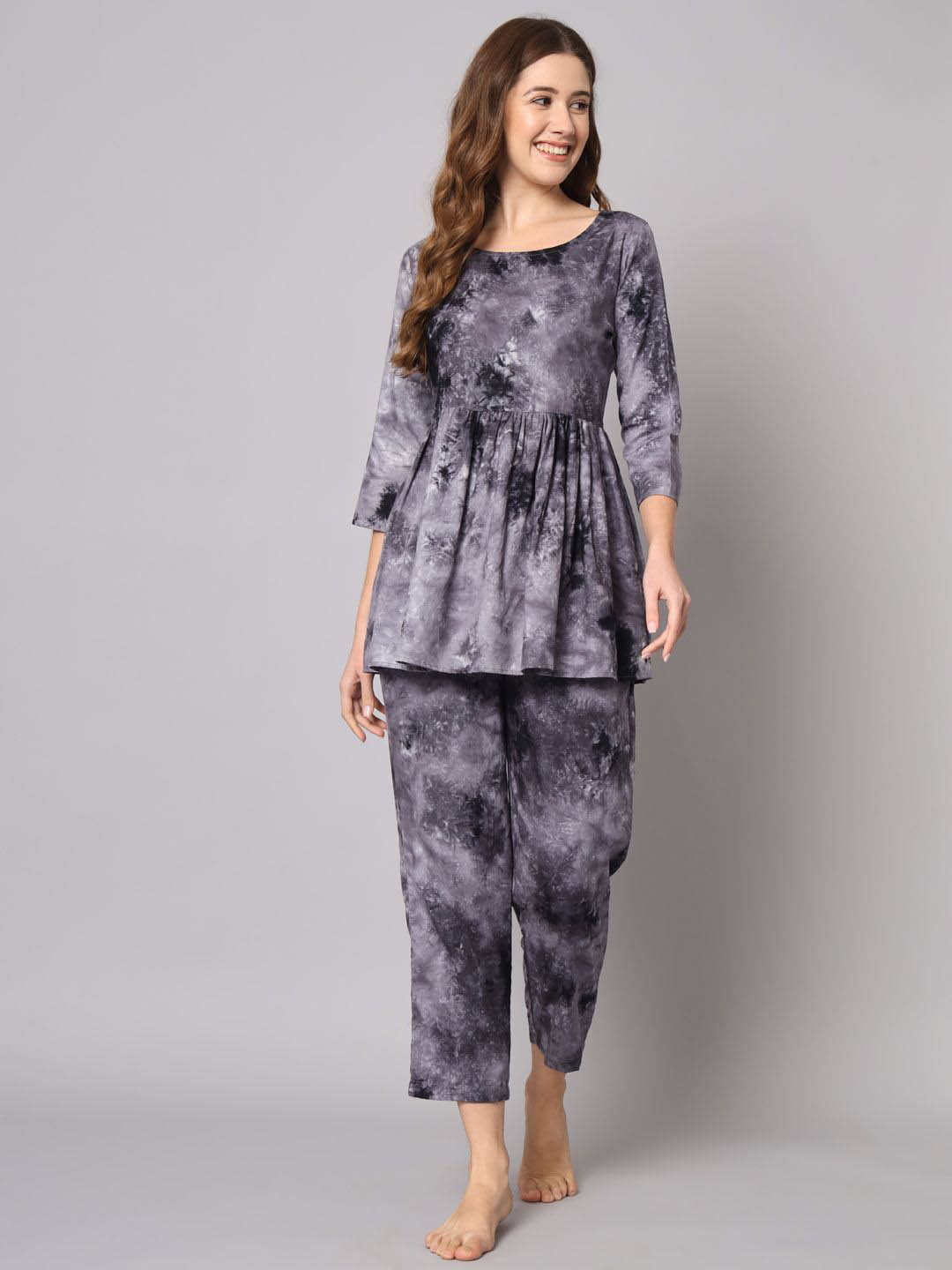 

COTNUF Tie & Dye Printed Night Suit, Grey