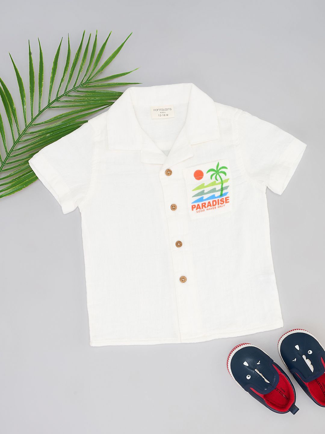 

Pantaloons Baby Boys Spread Collar Graphic Printed Cotton Casual Shirt, Off white