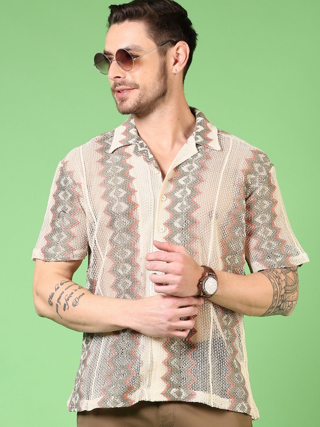 

V-Mart Men Cuban Collar Textured Cotton Casual Shirt, Beige