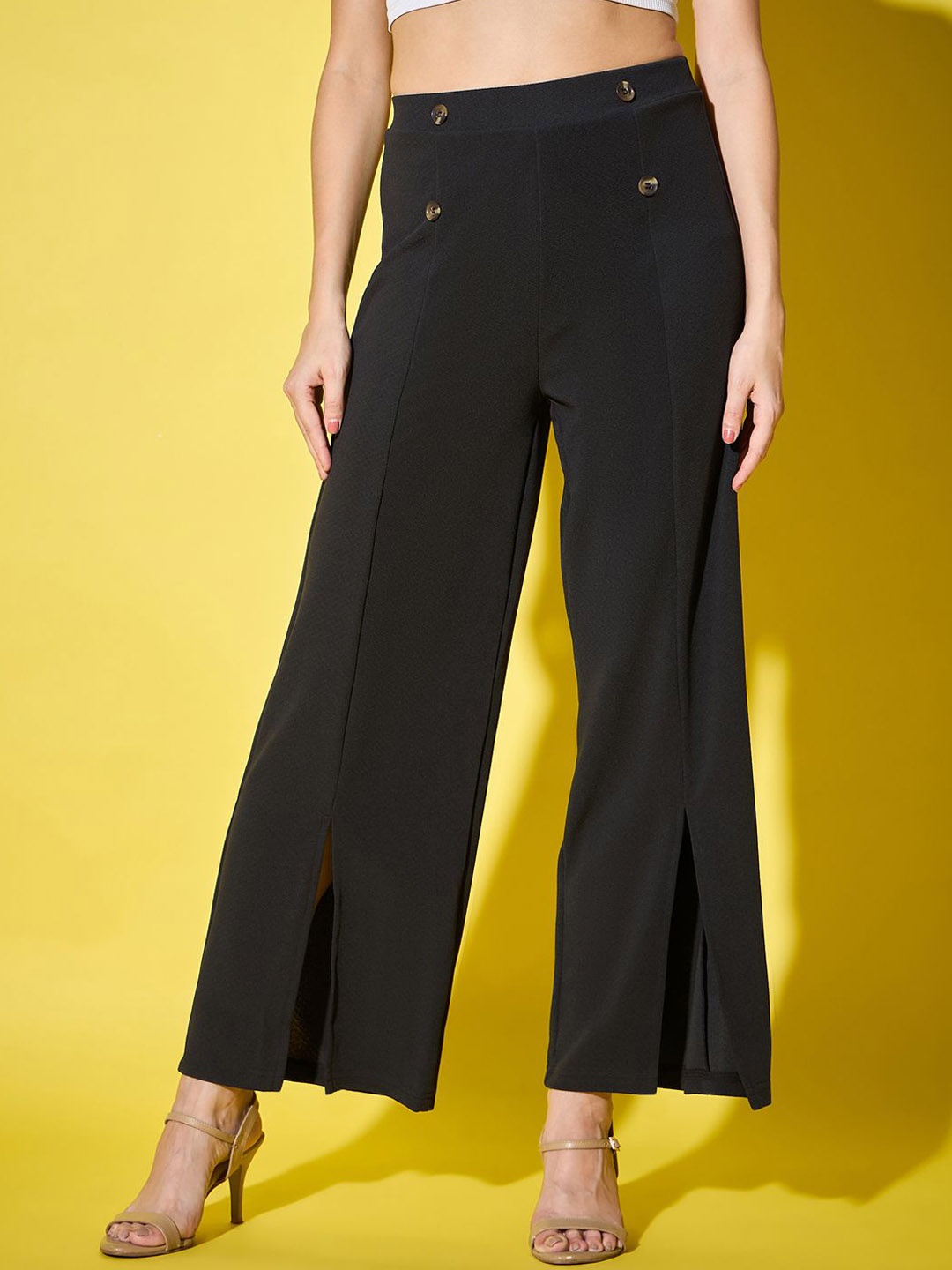 

BUY NEW TREND Women Comfort Slits Detail High-Rise Wide Leg Trousers, Black