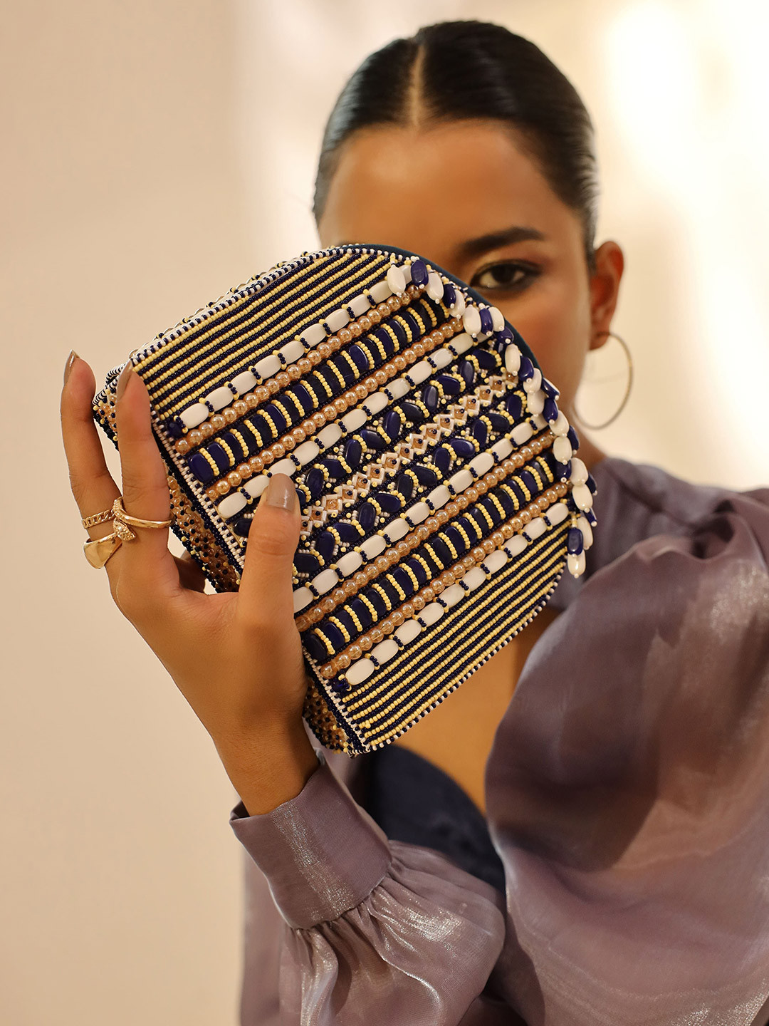 

THE TAN CLAN Embellished Foldover Clutch, Blue