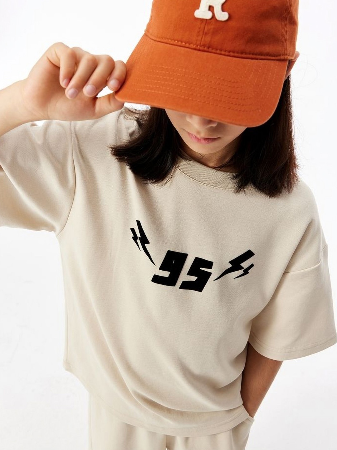 

LULU & SKY Girls Graphic Printed Round Neck Cotton Oversized T-shirt, Beige