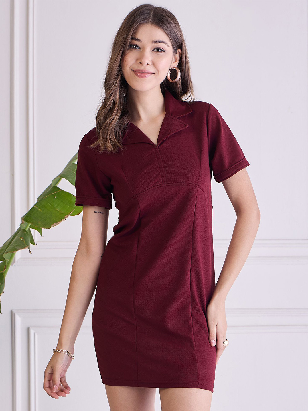 

Chemistry Lapel Collar Bodycon Mini Dress, Maroon