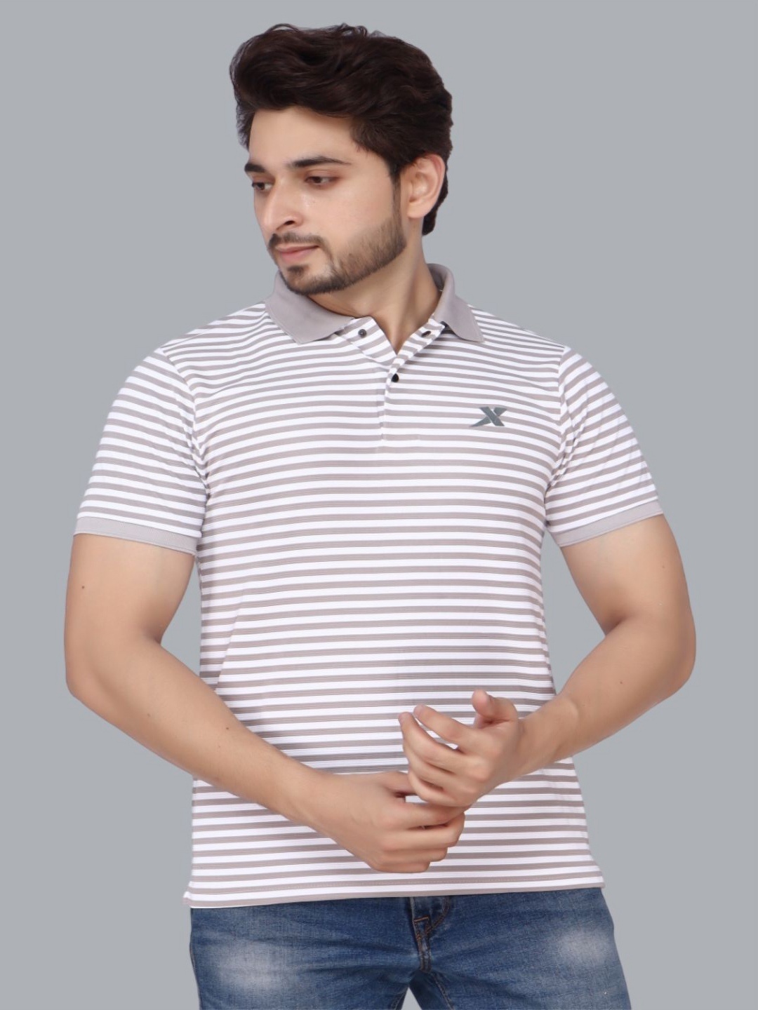 

Fitcore Men Dri-FIT Striped Polo Collar T-shirt, Grey