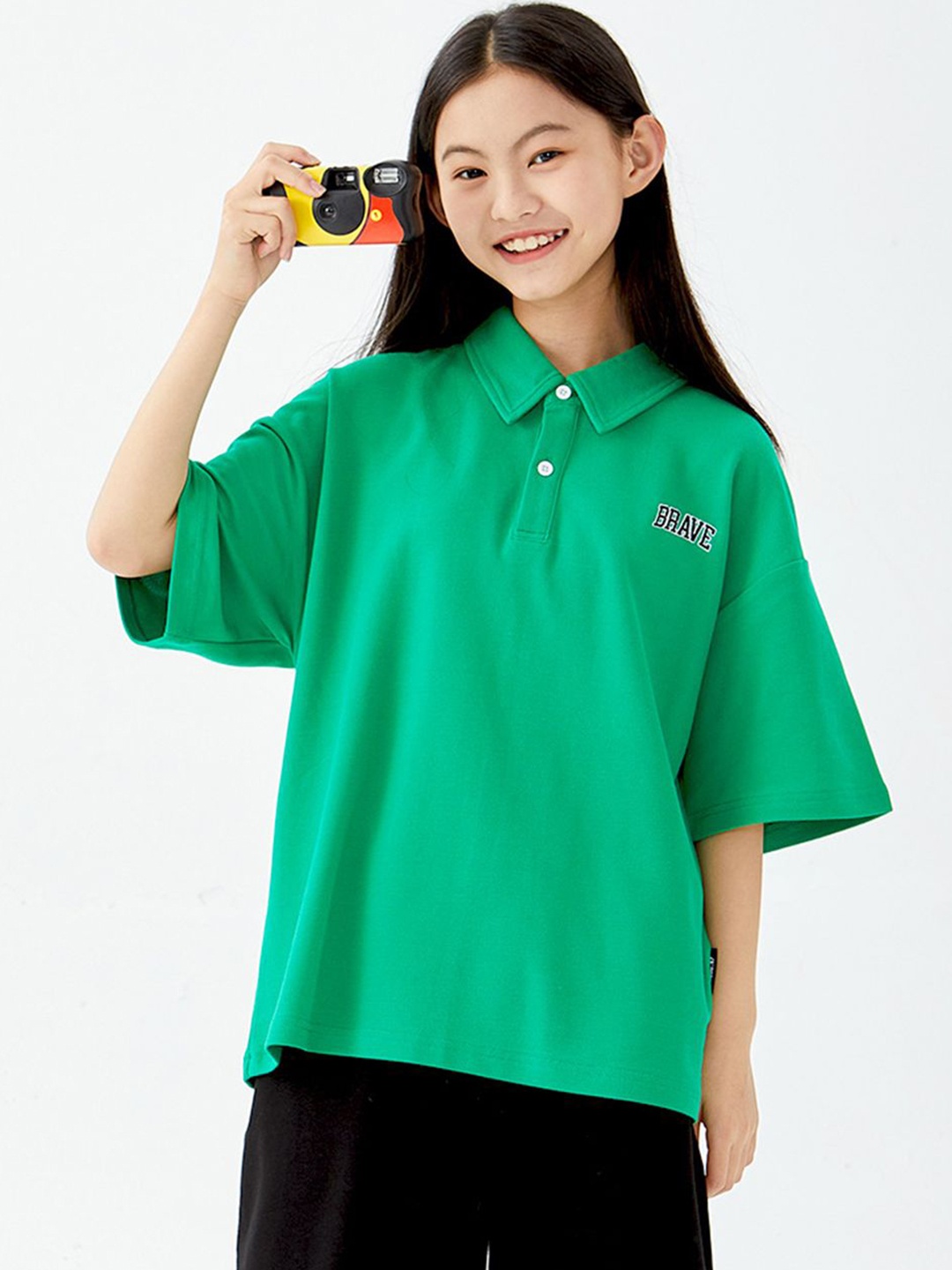 

LULU & SKY Girls Polo Collar Pockets Boxy T-shirt, Green