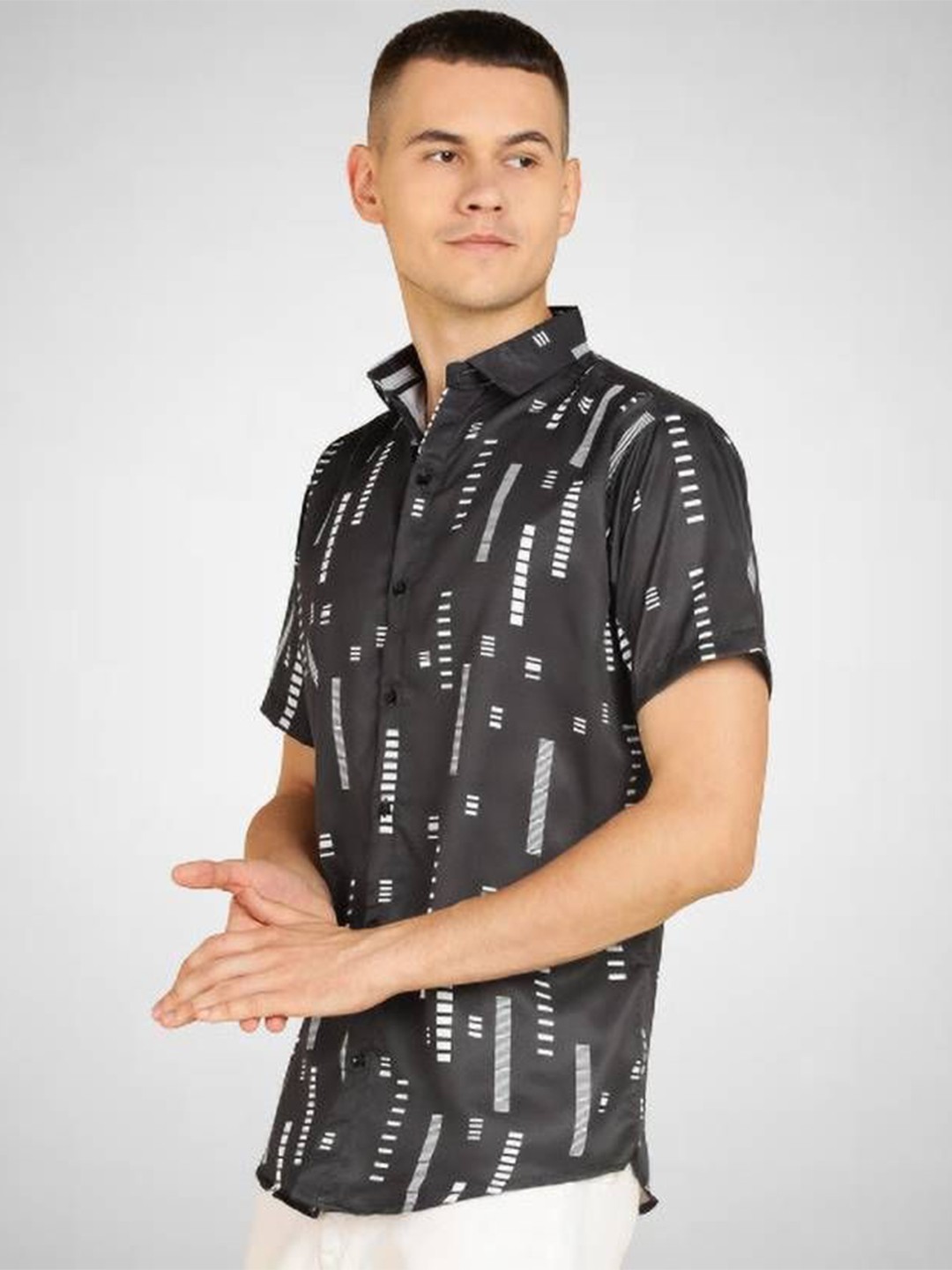 

iCome Men Spread Collar Multi Striped Casual Shirt, Black