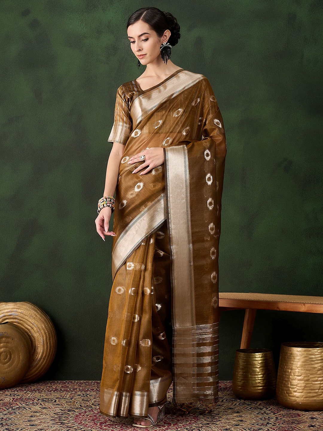 

MANVAA Woven Design Zari Organza Designer Saree, Mustard
