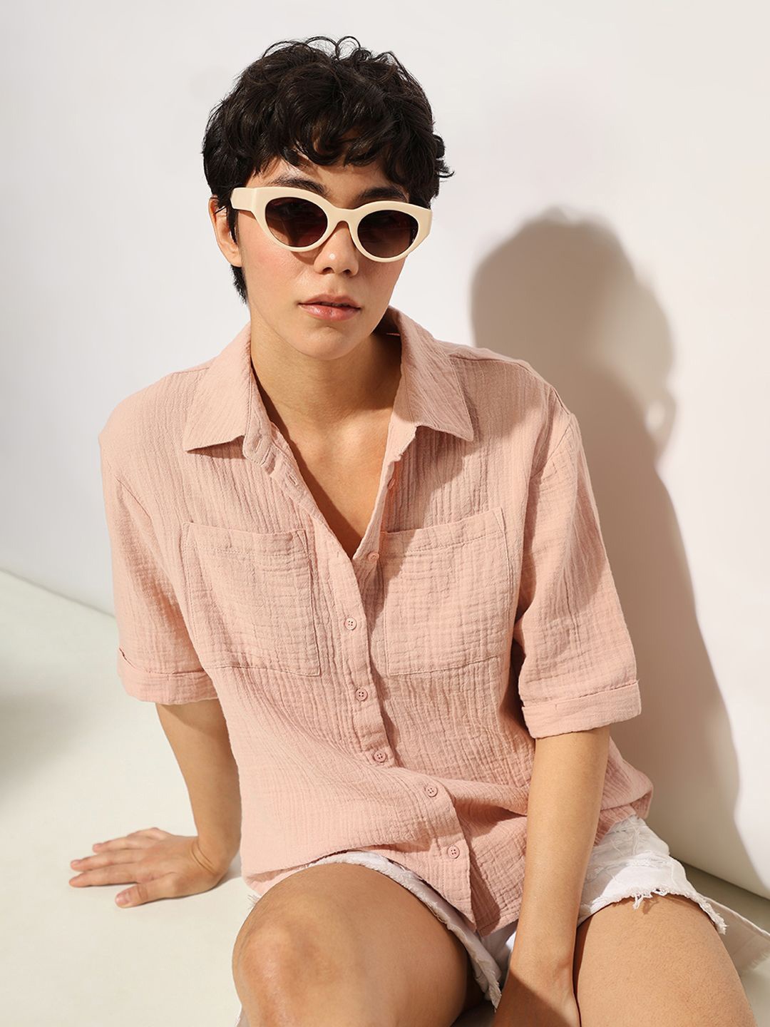 

ONLY Women onldFIGHT Spread Collar Textured Cotton Casual Shirt, Rose