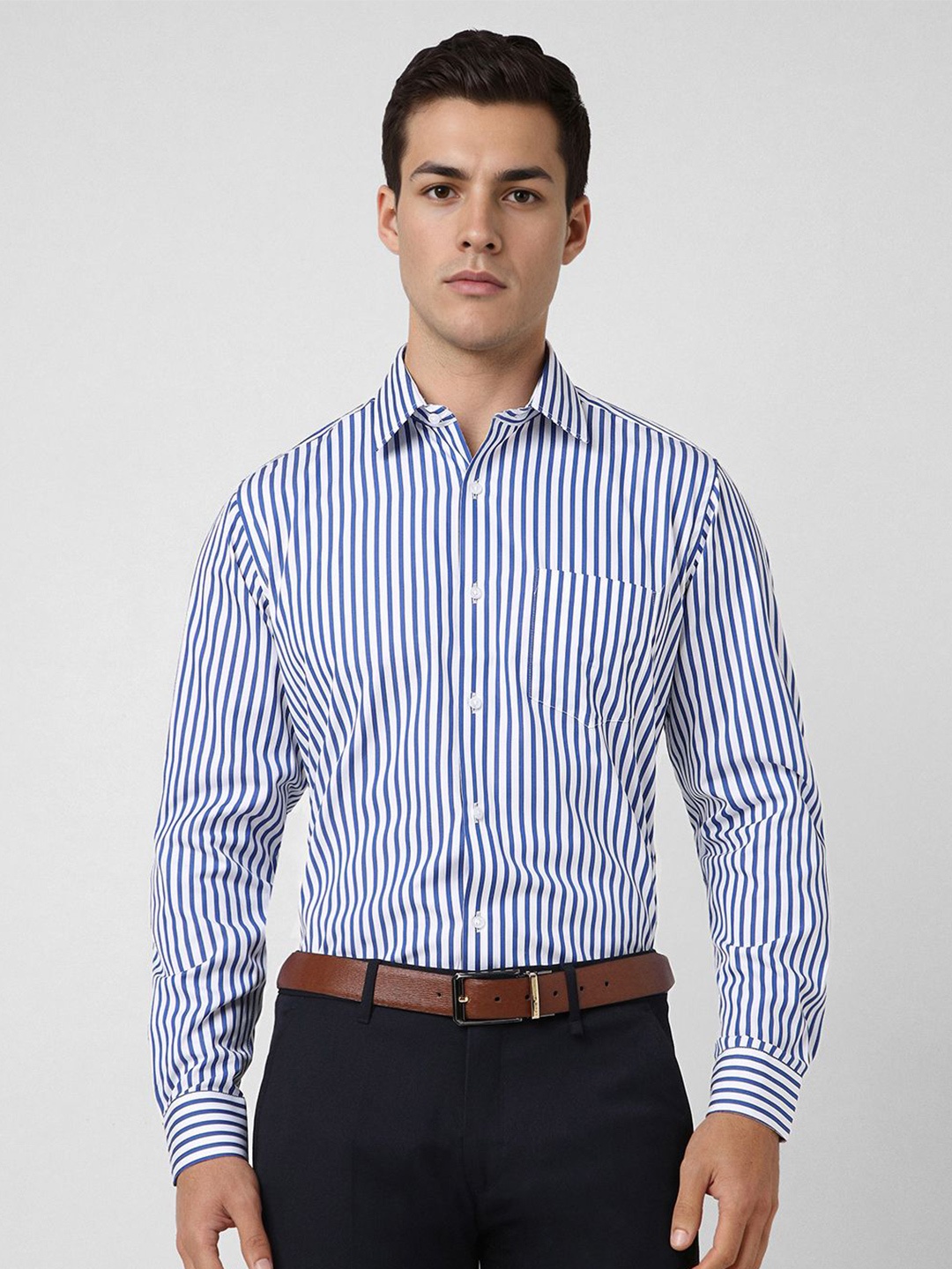 

Van Heusen Men Regular Fit Spread Collar Vertical Striped Cotton Formal Shirt, Blue