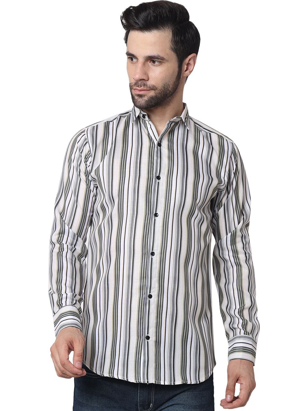 

iCome Men Spread Collar Vertical Striped Casual Shirt, White