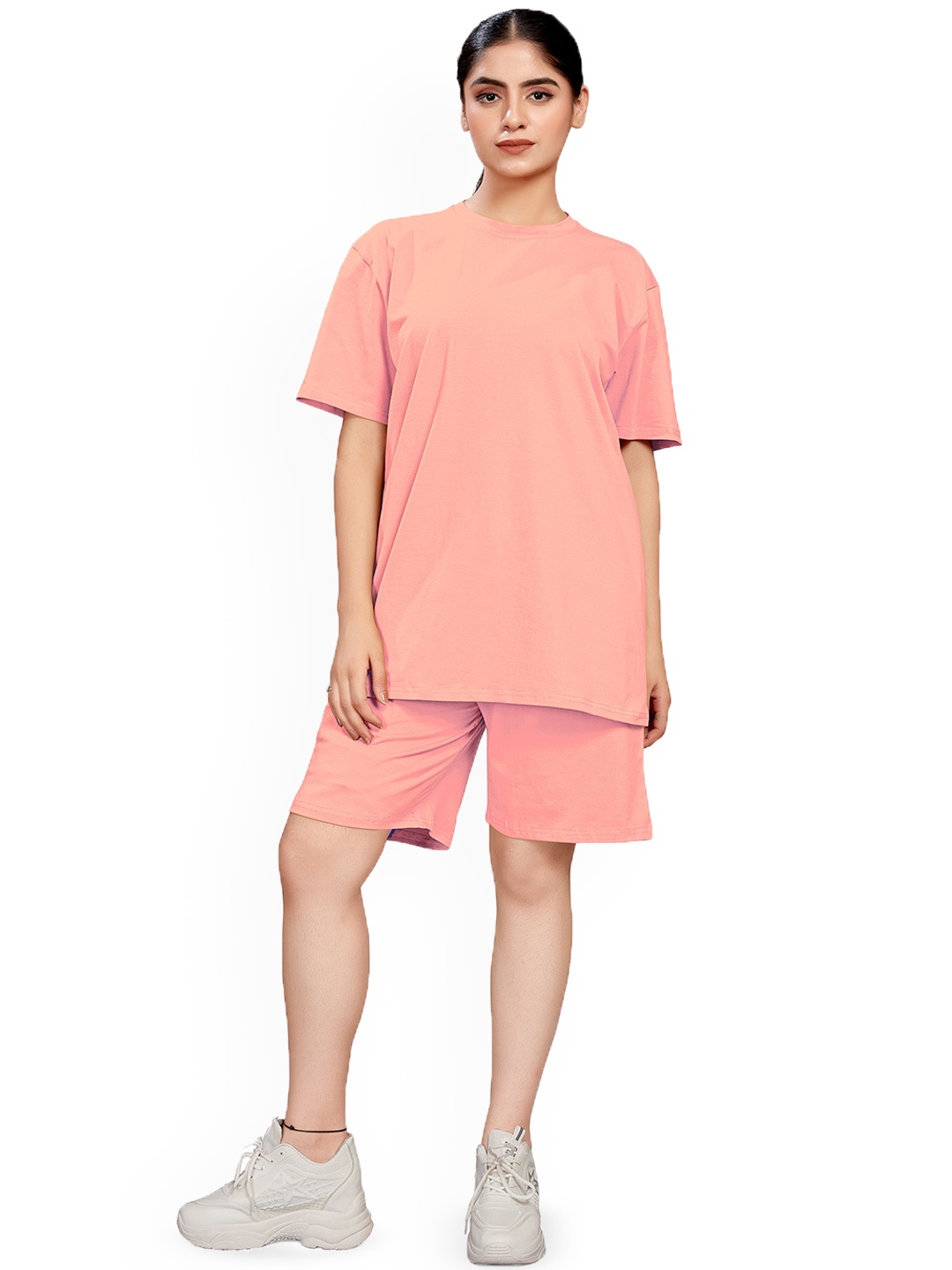 

ELLITI Women Pure Cotton T-shirt With Shorts Co-Ords, Peach