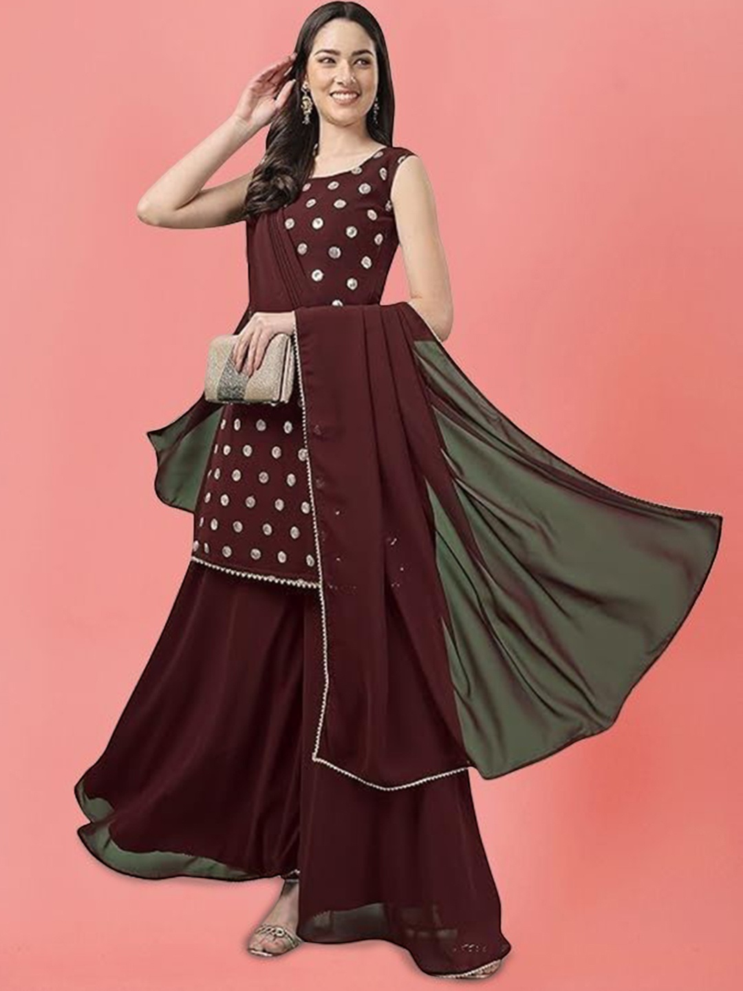 

PARROT CREATION Geometric Embroidered Sequinned Georgette Kurti with Sharara And Dupatta, Brown