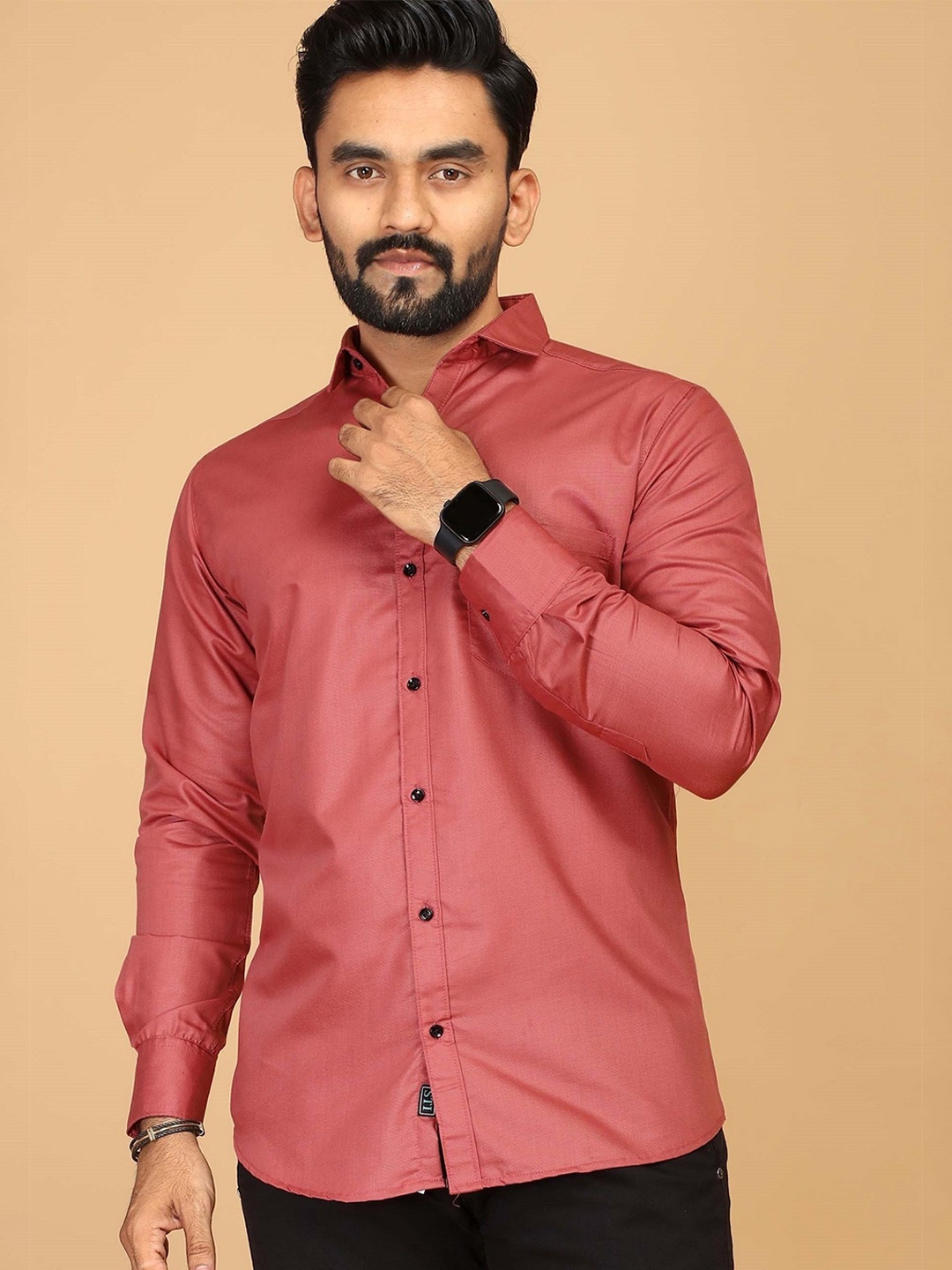 

FABRIPPLE Men Spread Collar Solid Cotton Casual Shirt, Coral