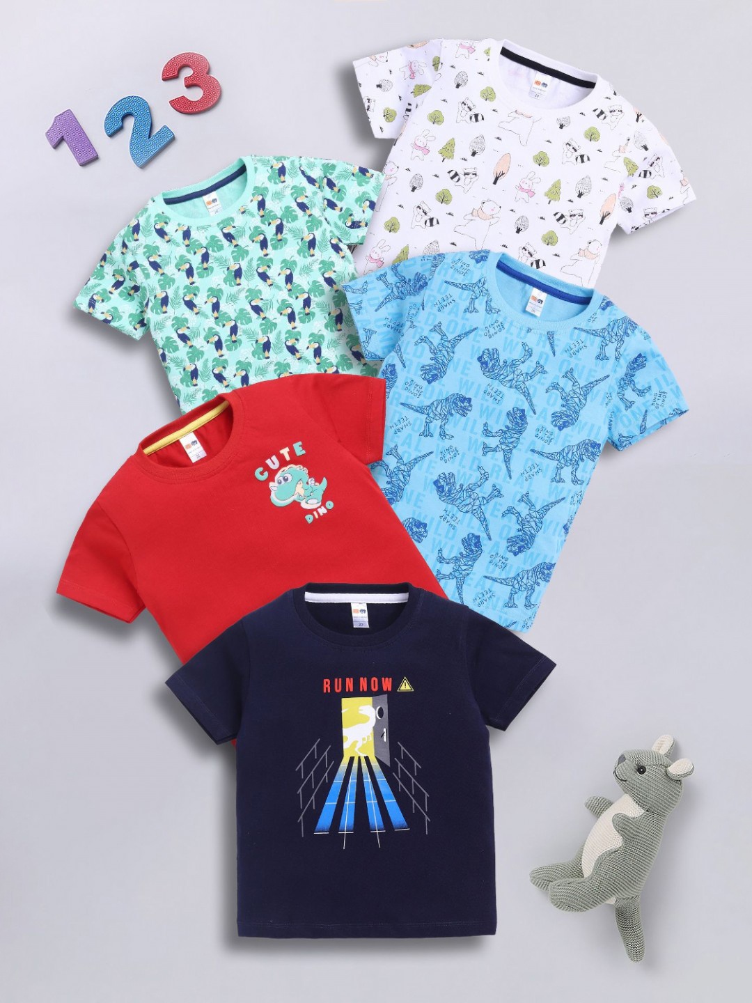 

LITTLE NINJA Boys Pack Of 5 Graphic Printed Round Neck Cotton T-shirts, Navy blue