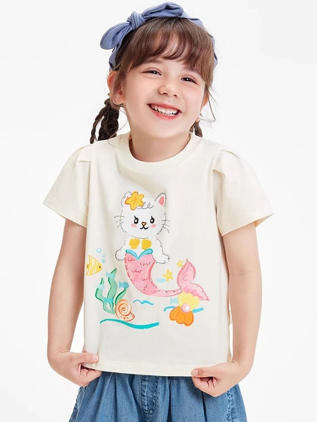 

LULU & SKY Girls Graphic Printed Round Neck Cotton T-shirt, Cream