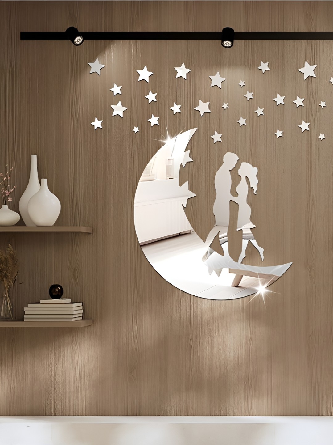 

VAH Kya Bat Hai !! 31 Pieces Grey Moon With Couple 3D Mirror Wall Stickers, Silver