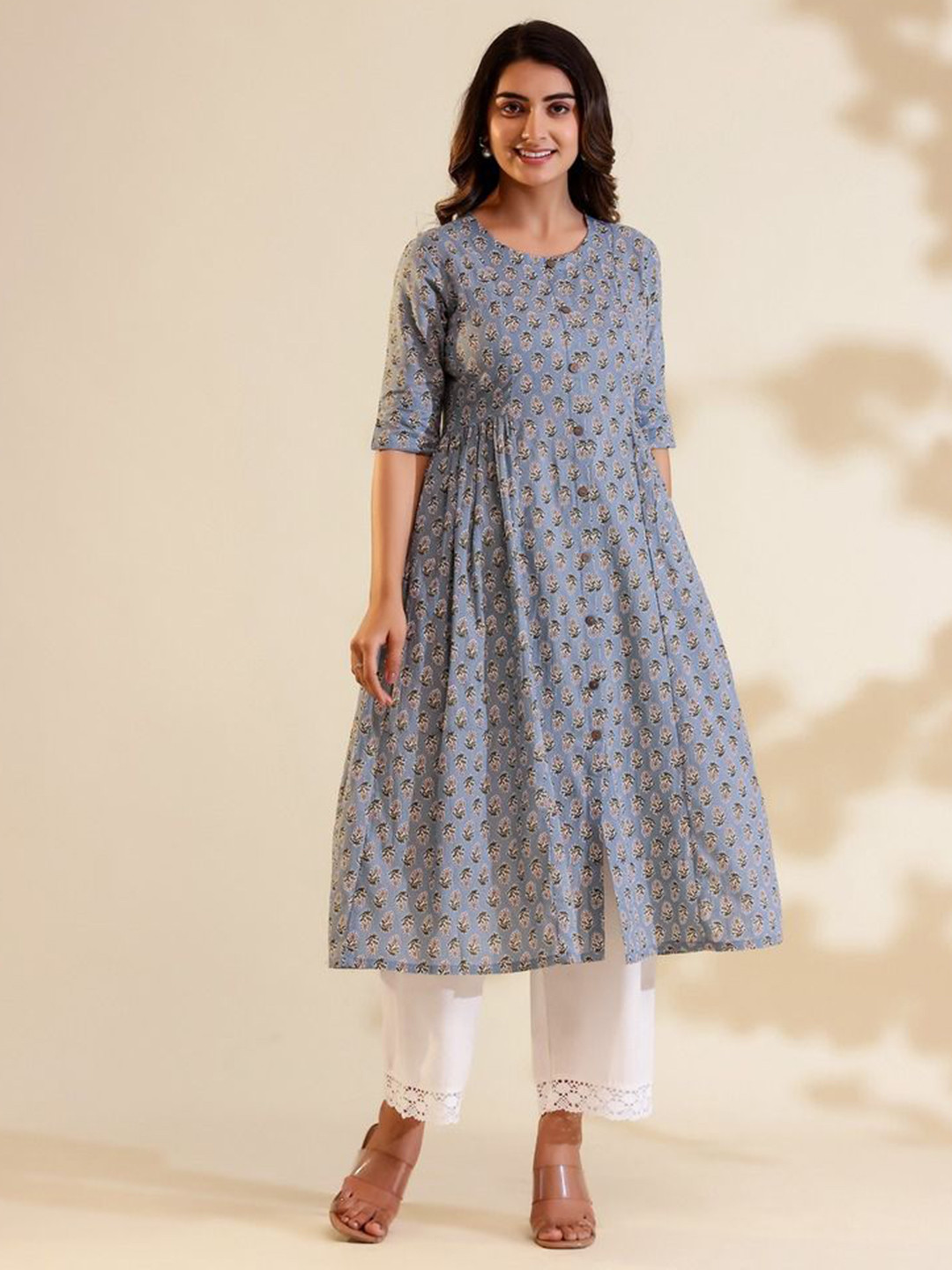 

Vivika Floral Printed Cotton Kurta, Grey