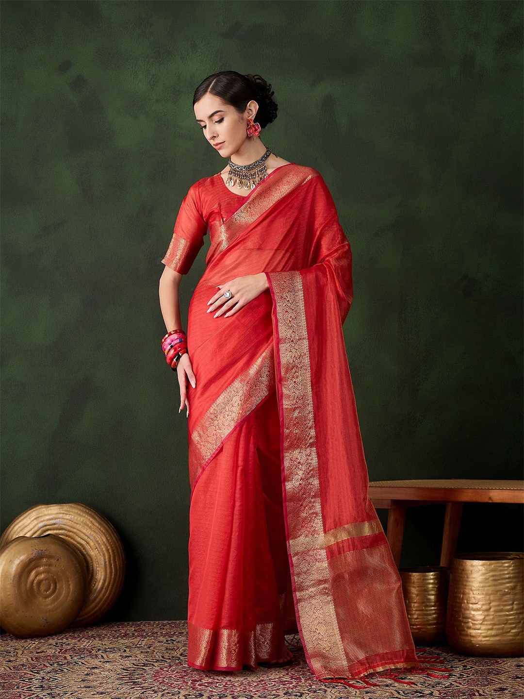 

MANVAA Woven Design Zari Organza Saree, Red