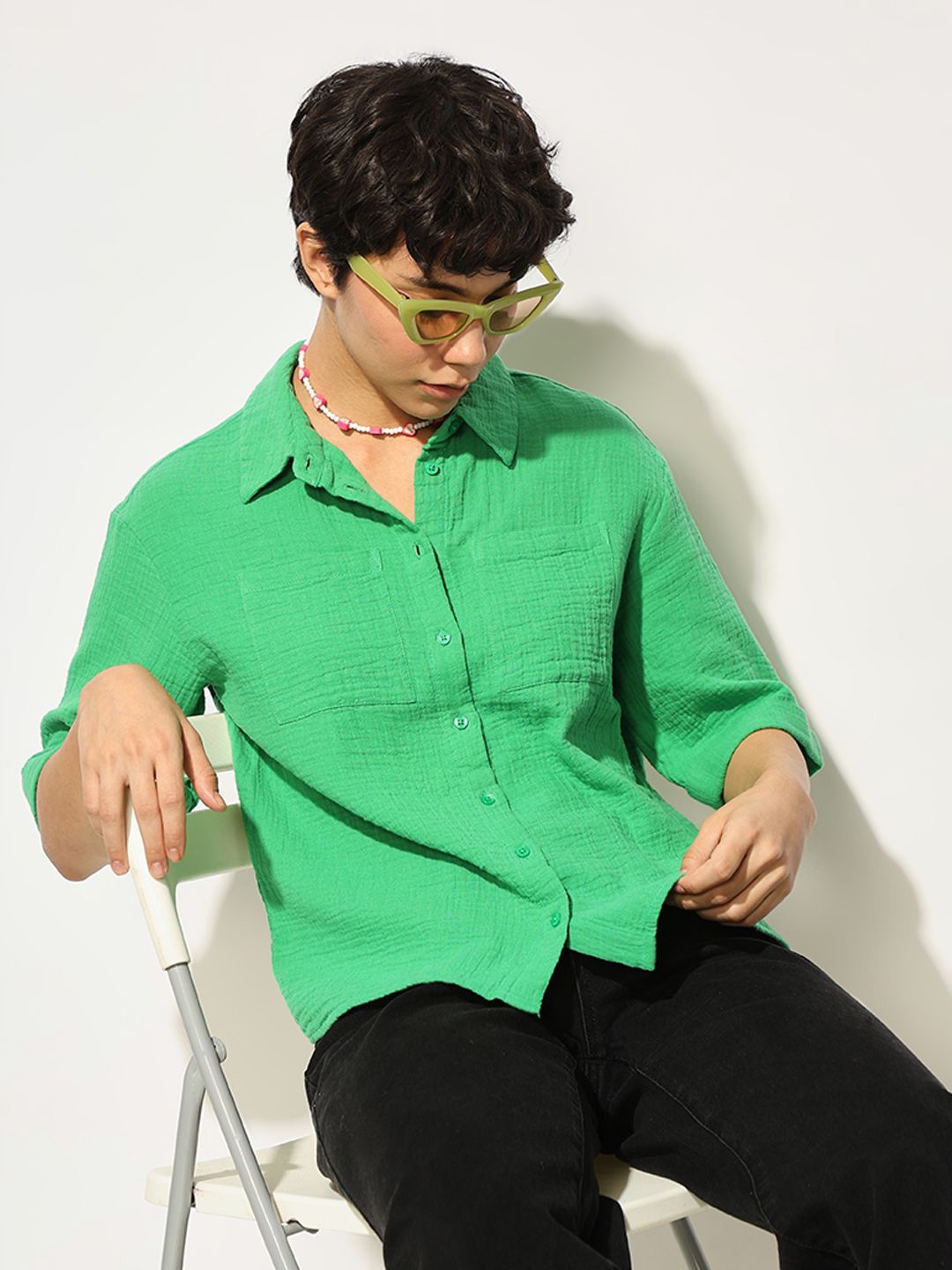 

ONLY Women onlFIGHT Relaxed Fit Spread Collar Textured Cotton Casual Shirt, Green