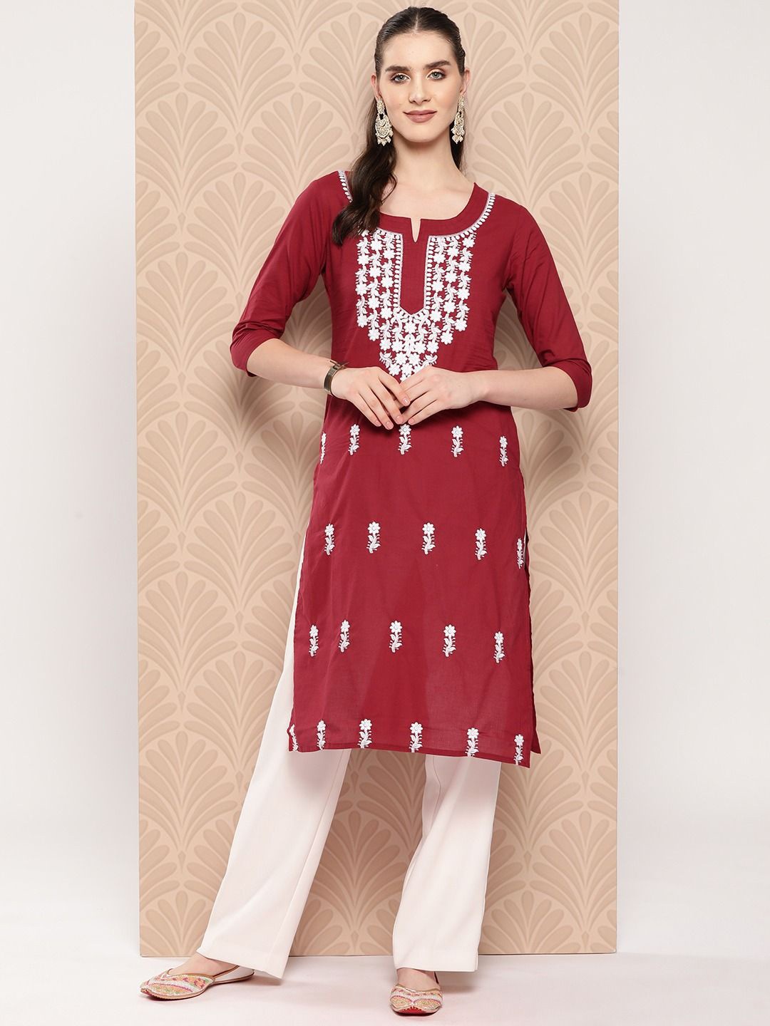 

KALINI Floral Embroidered Notch Neck Chikankari Pure Cotton Straight Kurta, Maroon