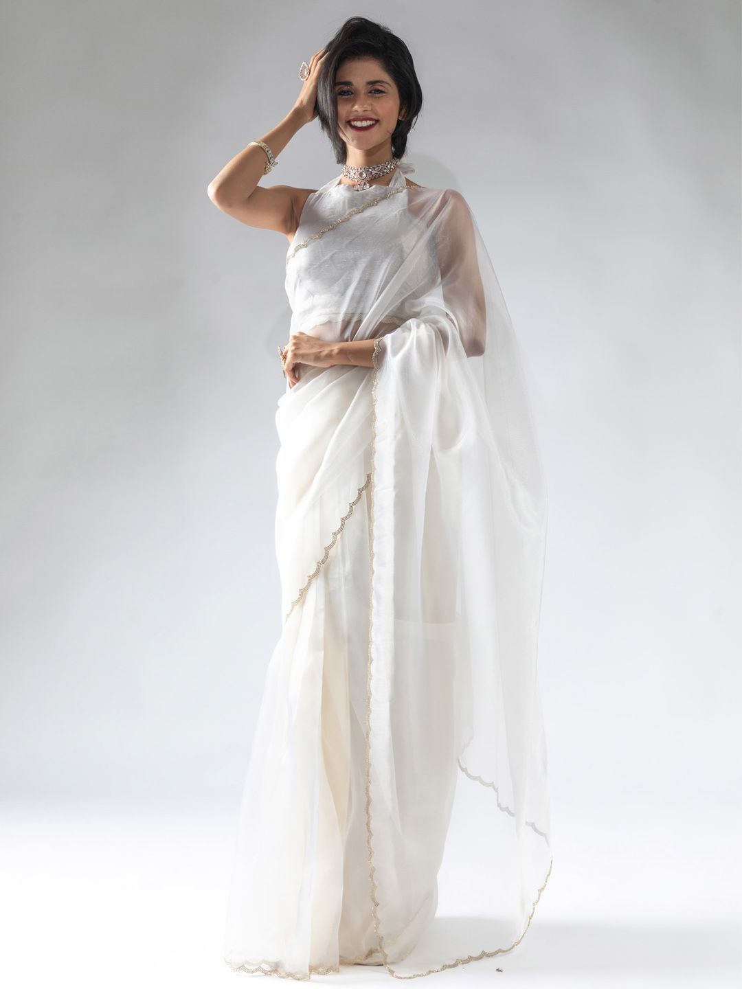

Saree mall Beads and Stones Organza Ready to Wear Sarees, Cream