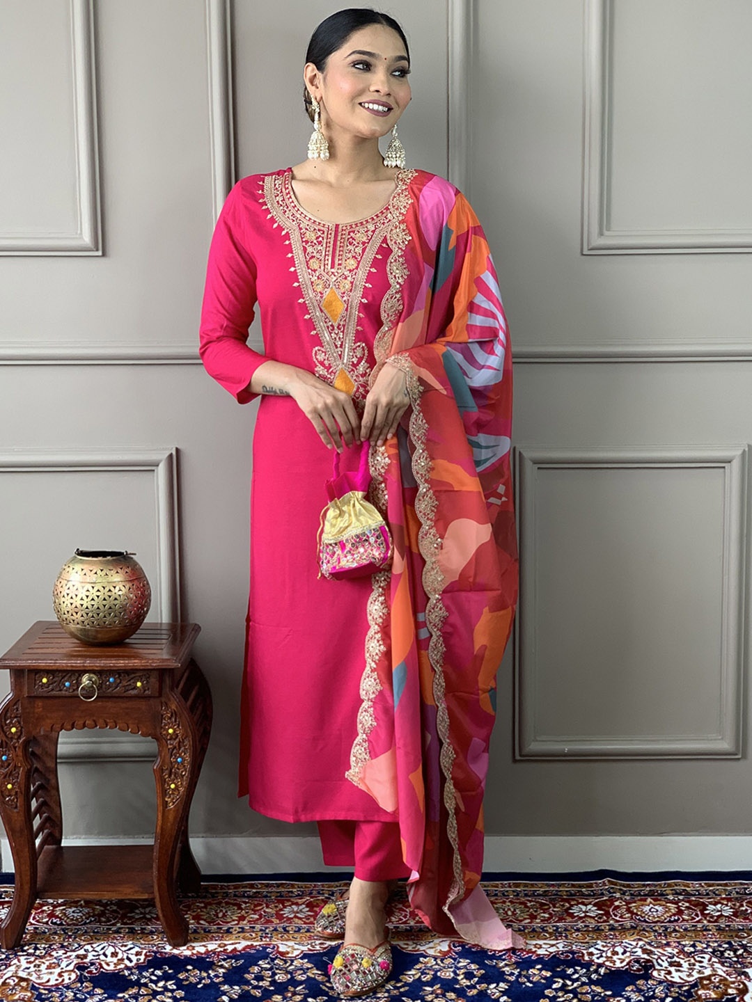 

zinzraa Ethnic Motifs Yoke Design Chanderi Silk Straight Kurta With Trousers & Dupatta, Pink
