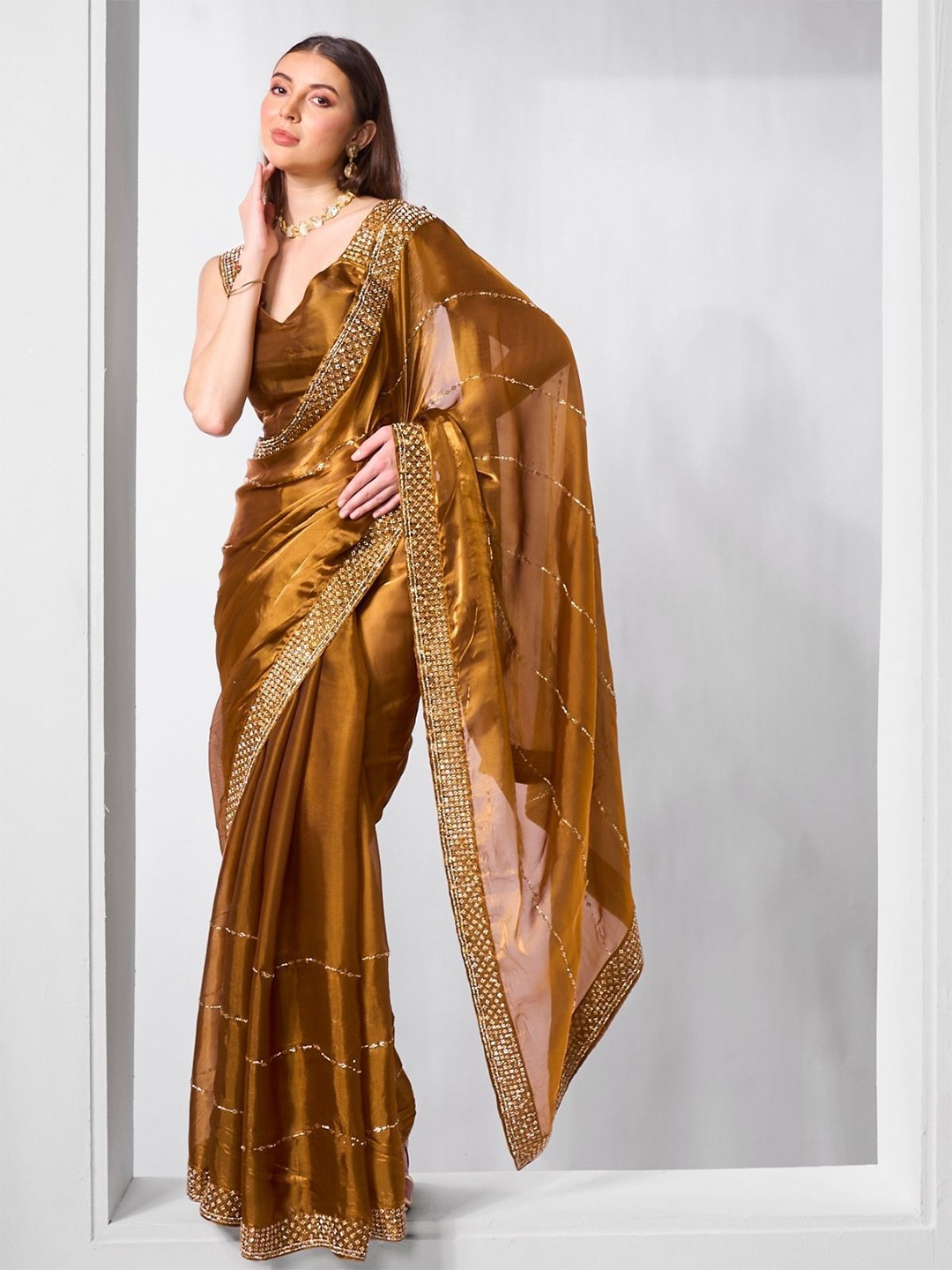 

ODETTE Embellished Beads and Stones Organza Saree, Brown