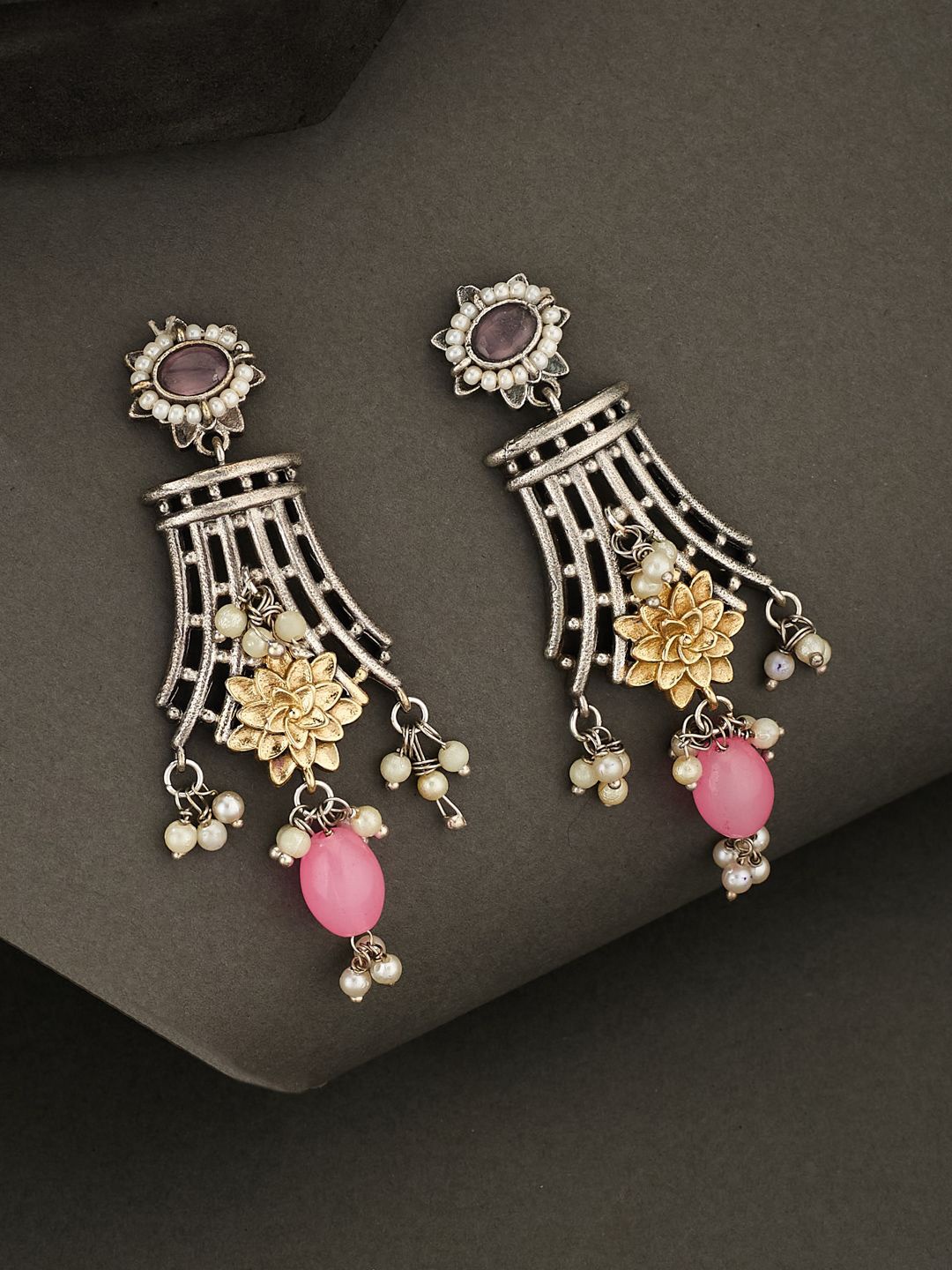 

ATIBELLE German Silver-Plated Artificial Stones Studded Contemporary Shaped Drop Earrings, Pink