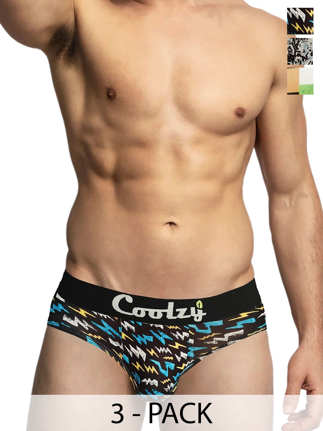 

COOLZY Men Pack Of 3 Printed Anti Bacterial Mid-Rise Thongs Briefs RUCPBF3K053-S, Green