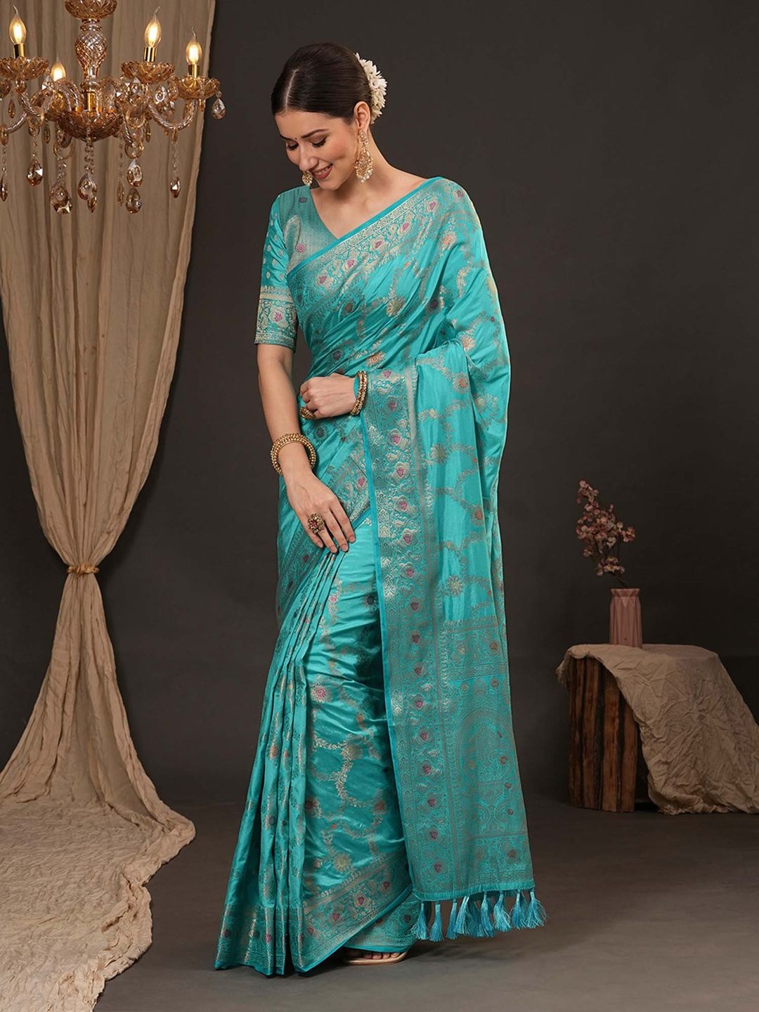 

Anouk Woven Design Zari Silk Blend Banarasi Saree, Blue
