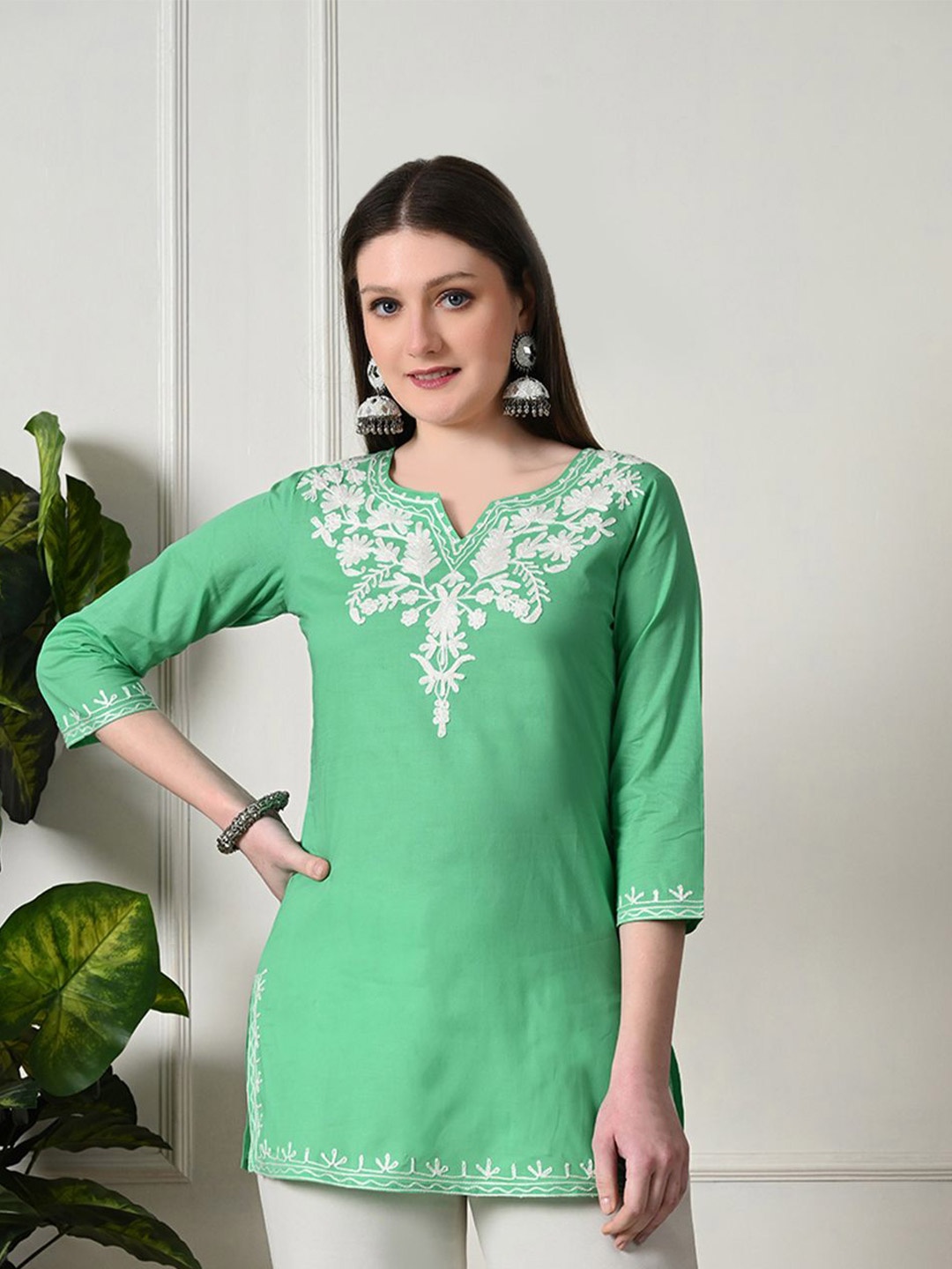 

KALINI Ethnic Motifs Yoke Design Thread Work Pure Cotton Thread Work Kurti, Green