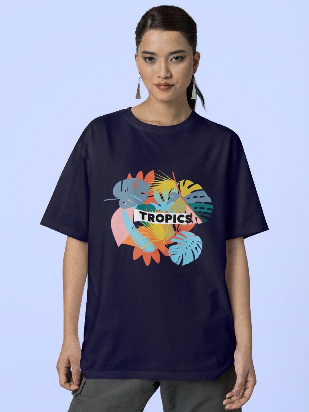 

Reifica Women Graphic Printed Round Neck Cotton Oversized T-shirt, Navy blue