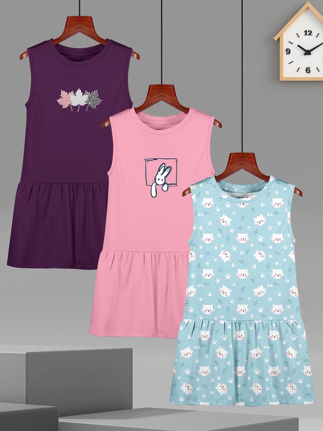 

HELLCAT Girls Pack of 3 Printed A-Line Dress, Purple