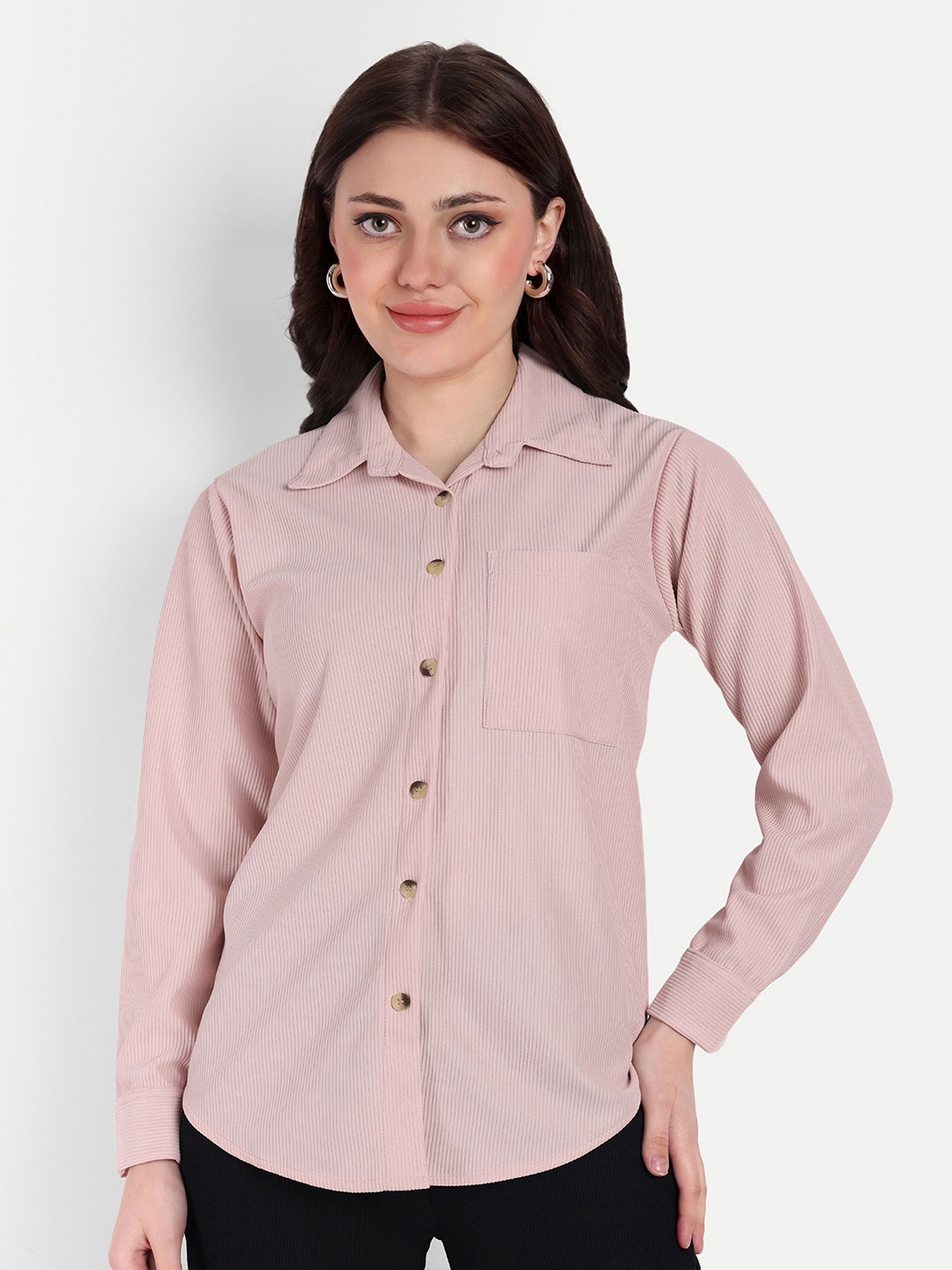 

FNOCKS Women Classic Fit Spread Collar Vertical Striped Cotton Casual Shirt, Pink