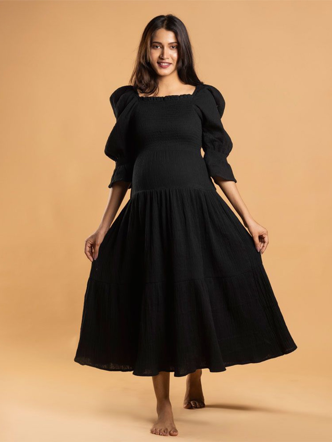 

Block Hop Women Organic Cotton Maternity Black Waffle Muslin Dress