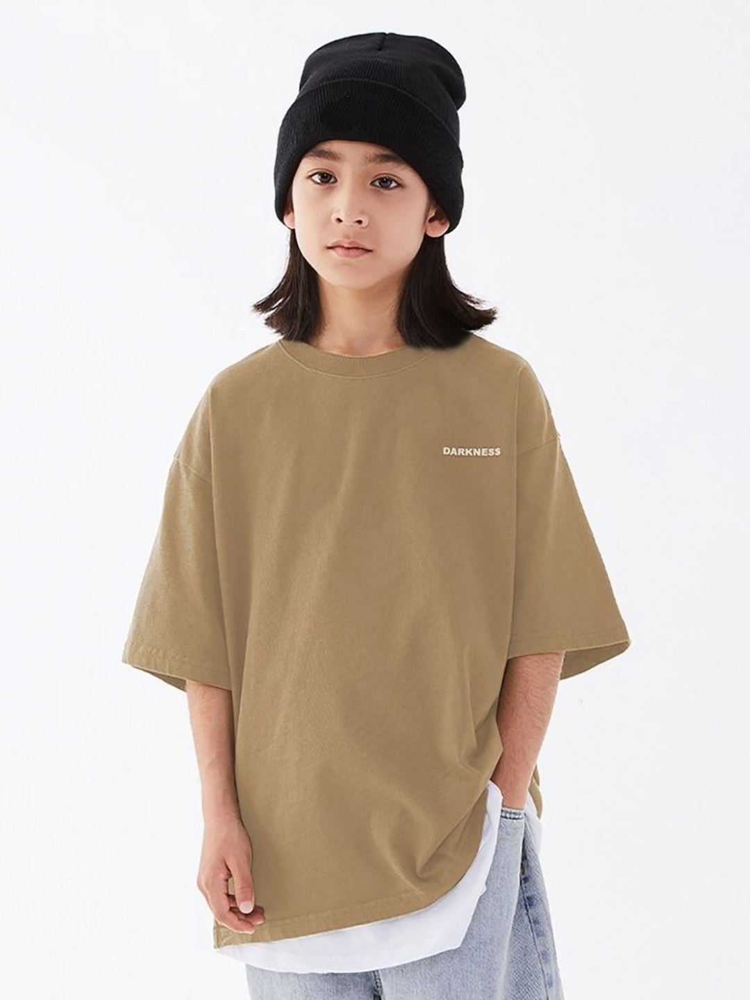 

LULU & SKY Girls Solid Round Neck Cotton Oversized T-shirt, Khaki