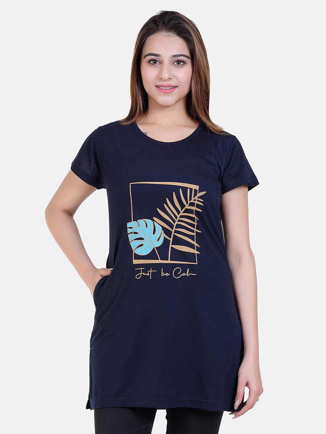 

Divine Girl Print Cotton Longline Top, Navy blue