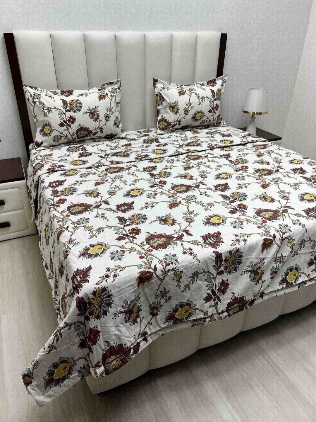 

Pure Decor White & Brown Floral Printed Fine Double King Size Bedding Set