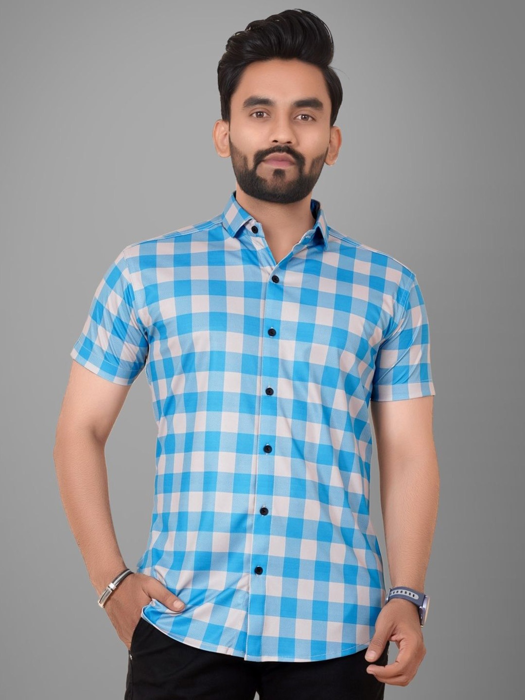 

Metronaut Men Regular Fit Spread Collar Buffalo Checked Elastane Casual Shirt, Blue