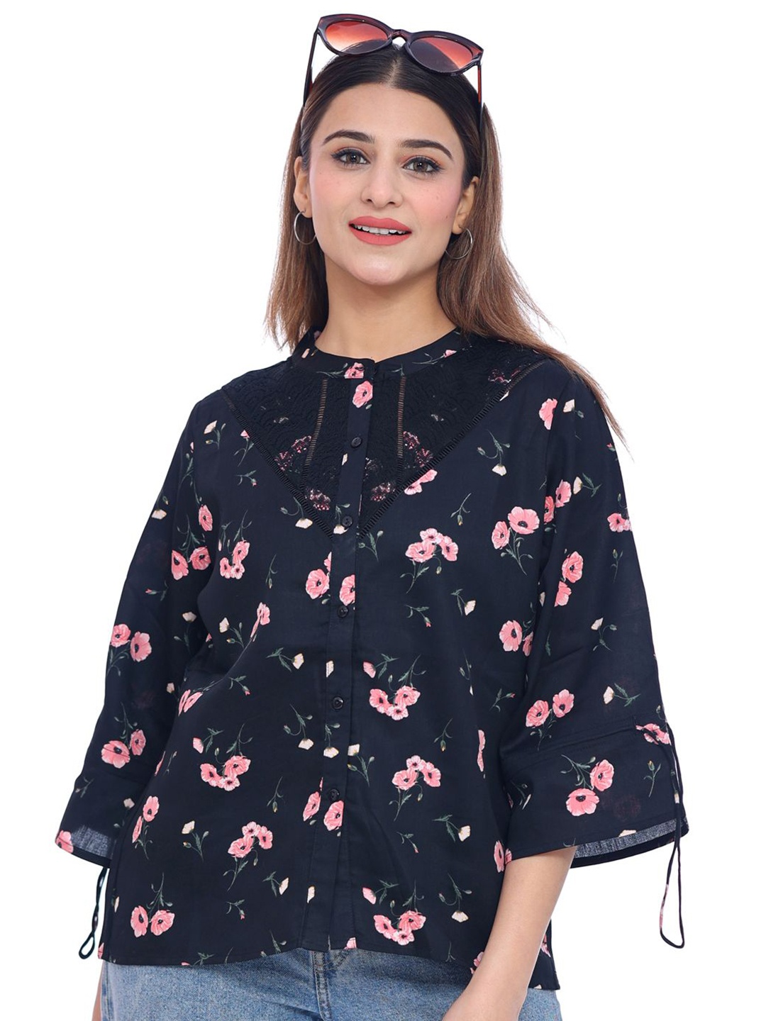 

Moda Elementi Women Floral Printed Flared Sleeves Cotton Shirt Style Top, Black