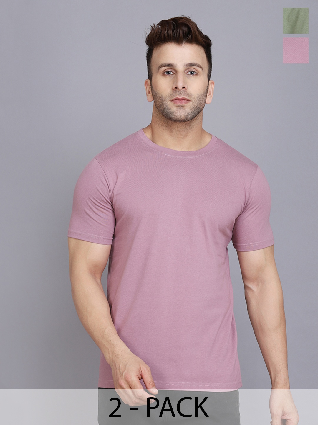 

WOOSTRO Men Pack Of 2 Solid Round Neck Cotton Slim Fit T-shirts, Green