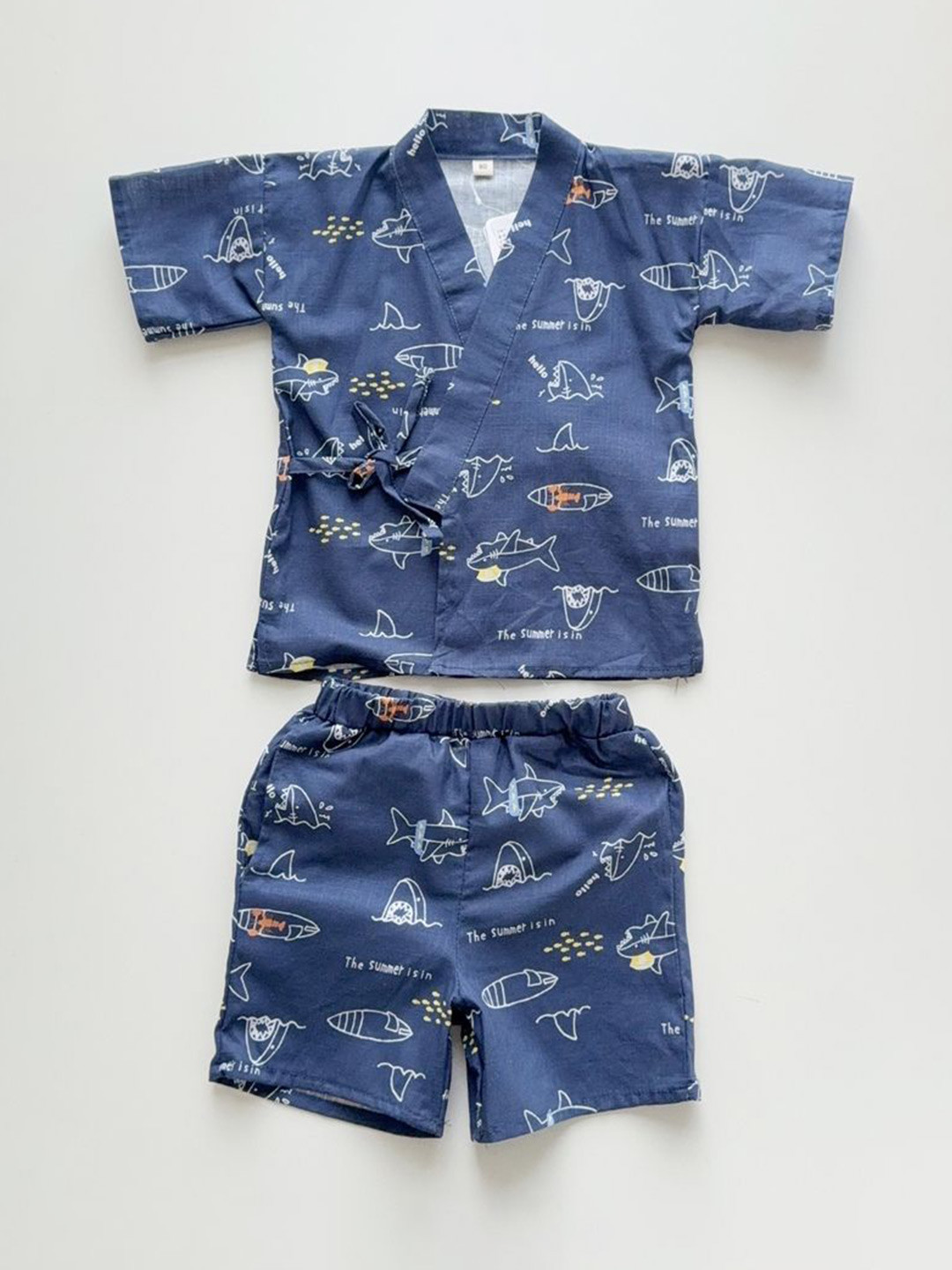 

LULU & SKY Girls Printed V-Neck Cotton Top With Shorts, Navy blue