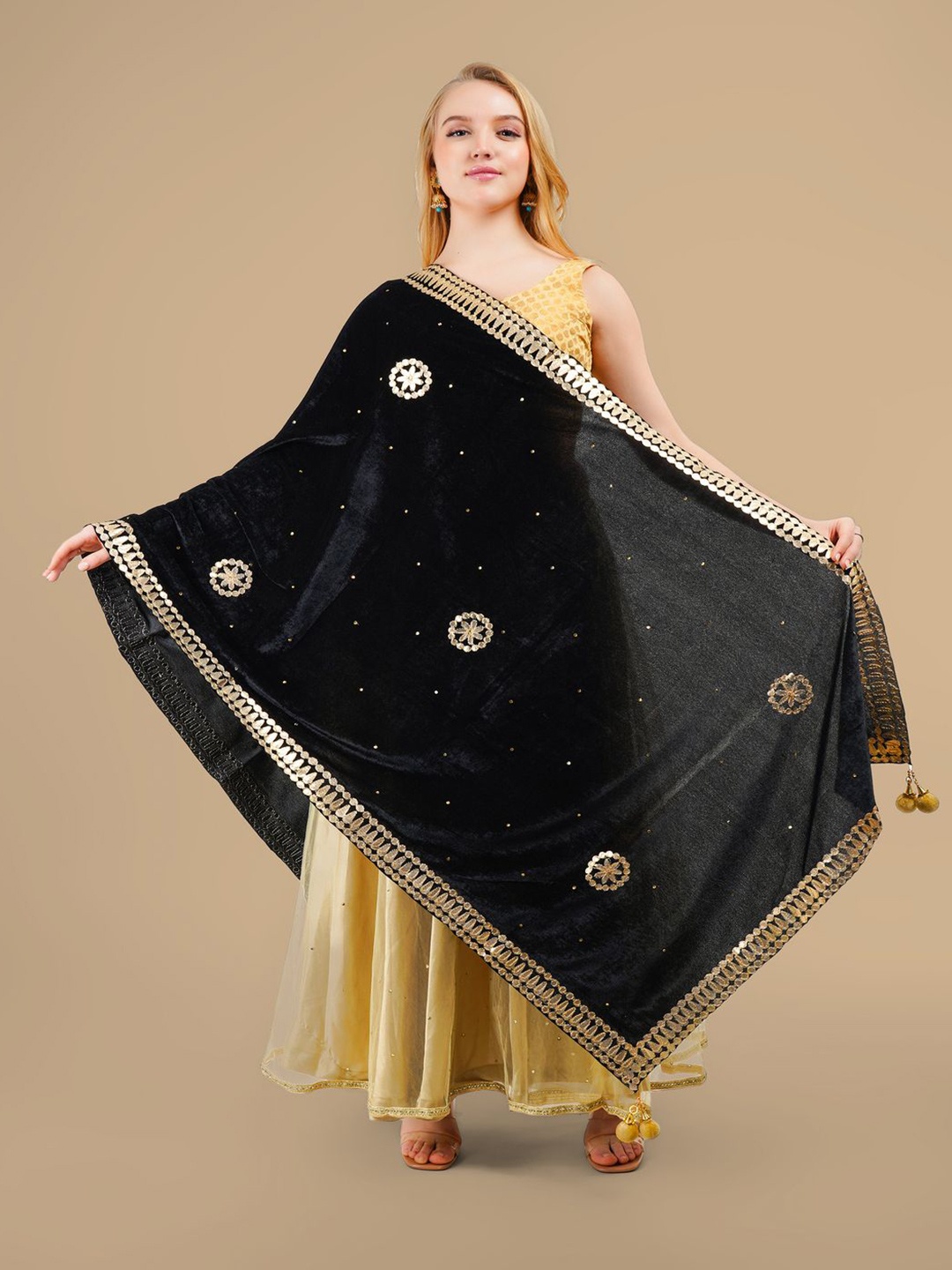 

Karthav Fashion Ethnic Motifs Embroidered Velvet Dupatta With Gotta Patti, Black