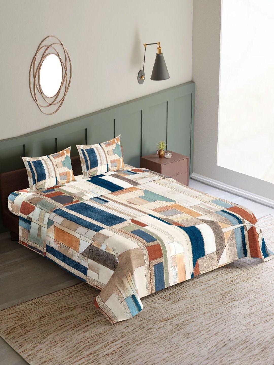 

Synergized Beige & Teal Geometric Printed Cotton 300 TC King Bedsheet Set