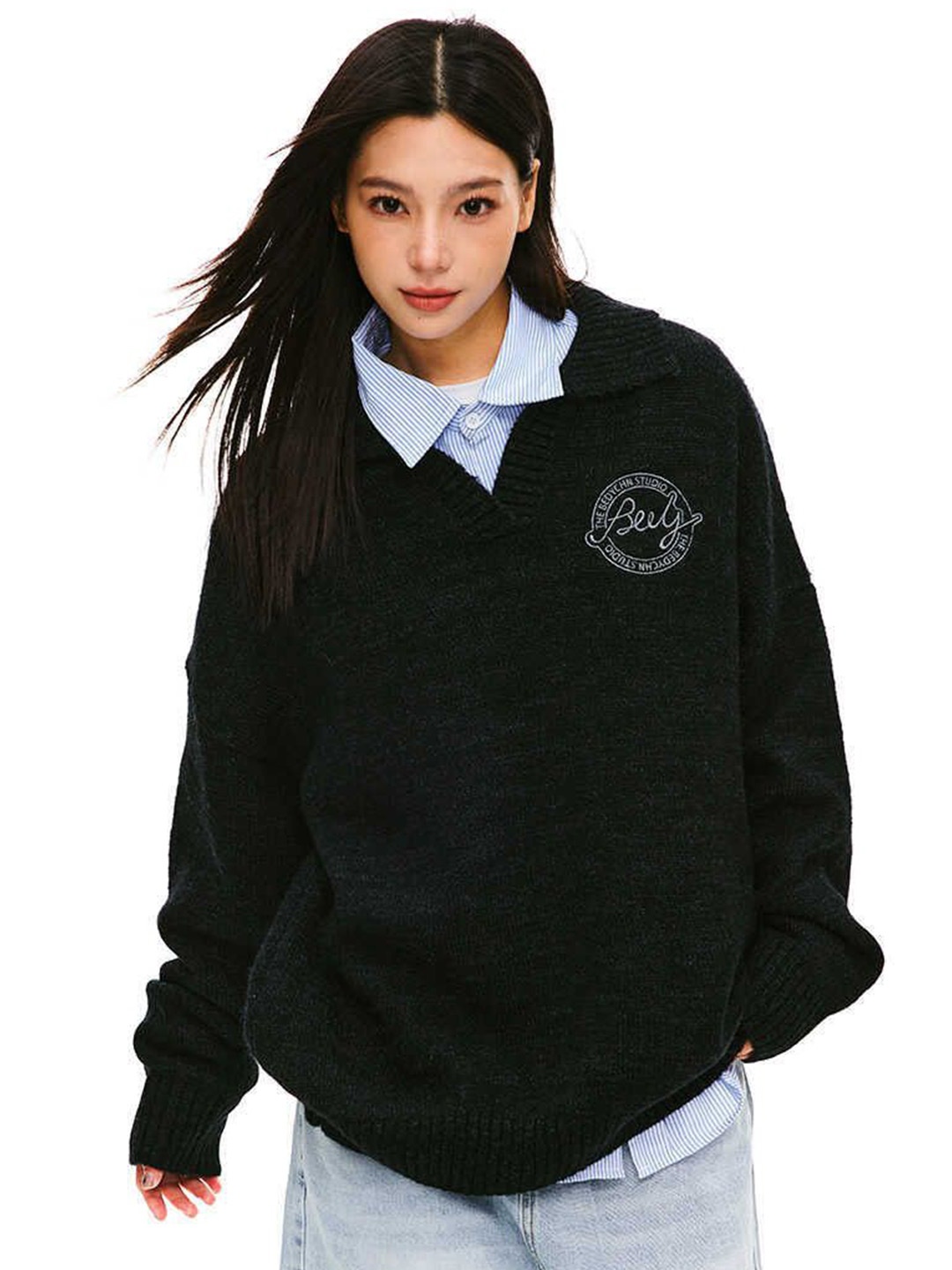 

DressBerry Women V-Neck Embroidered Sweater, Black