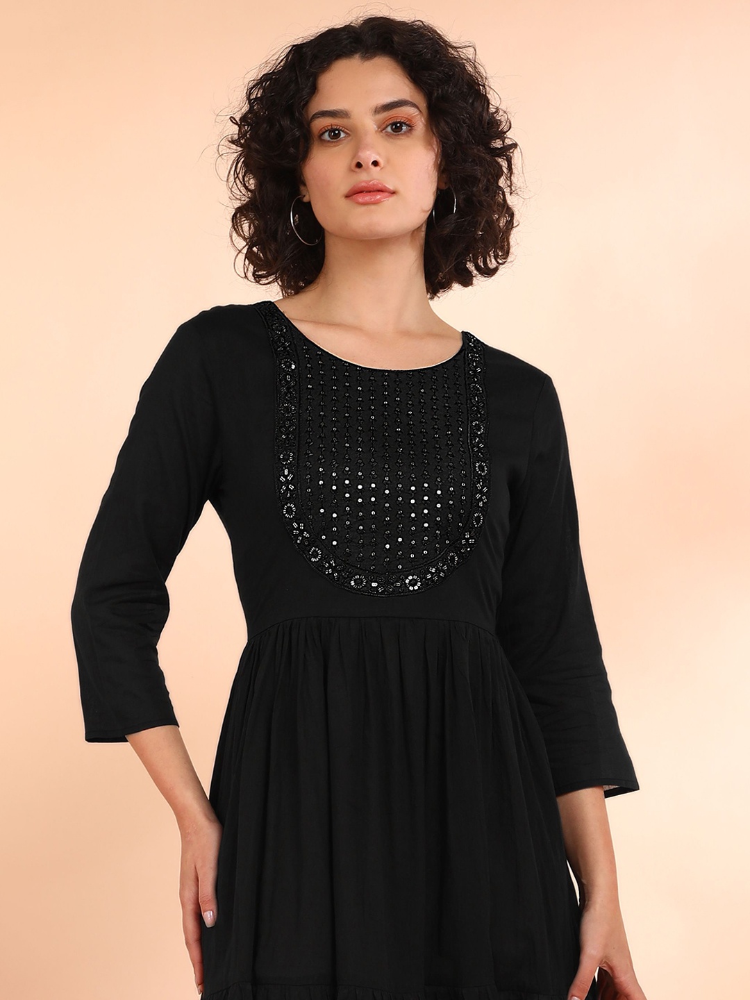 

Maaesa Women Embroidered Cotton Blend Flared Black Dress